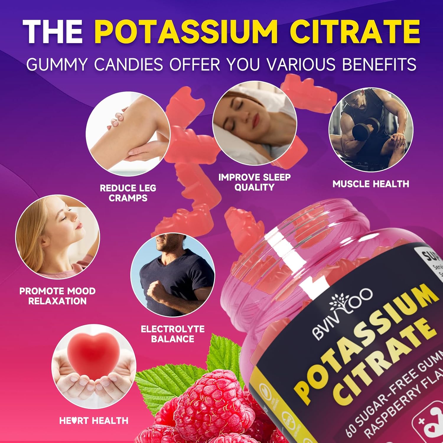 High Potency Sugar-Free Potassium Citrate Gummies for Adults - 1000mg, 120 Count - Supports Electrolyte Balance & Leg Cramps