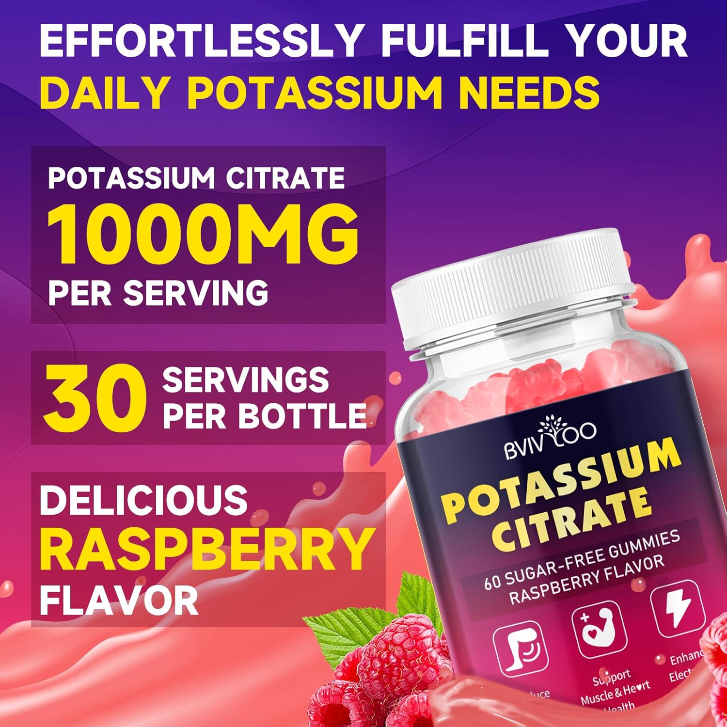 High Potency Sugar-Free Potassium Citrate Gummies for Adults - 1000mg, 120 Count - Supports Electrolyte Balance & Leg Cramps