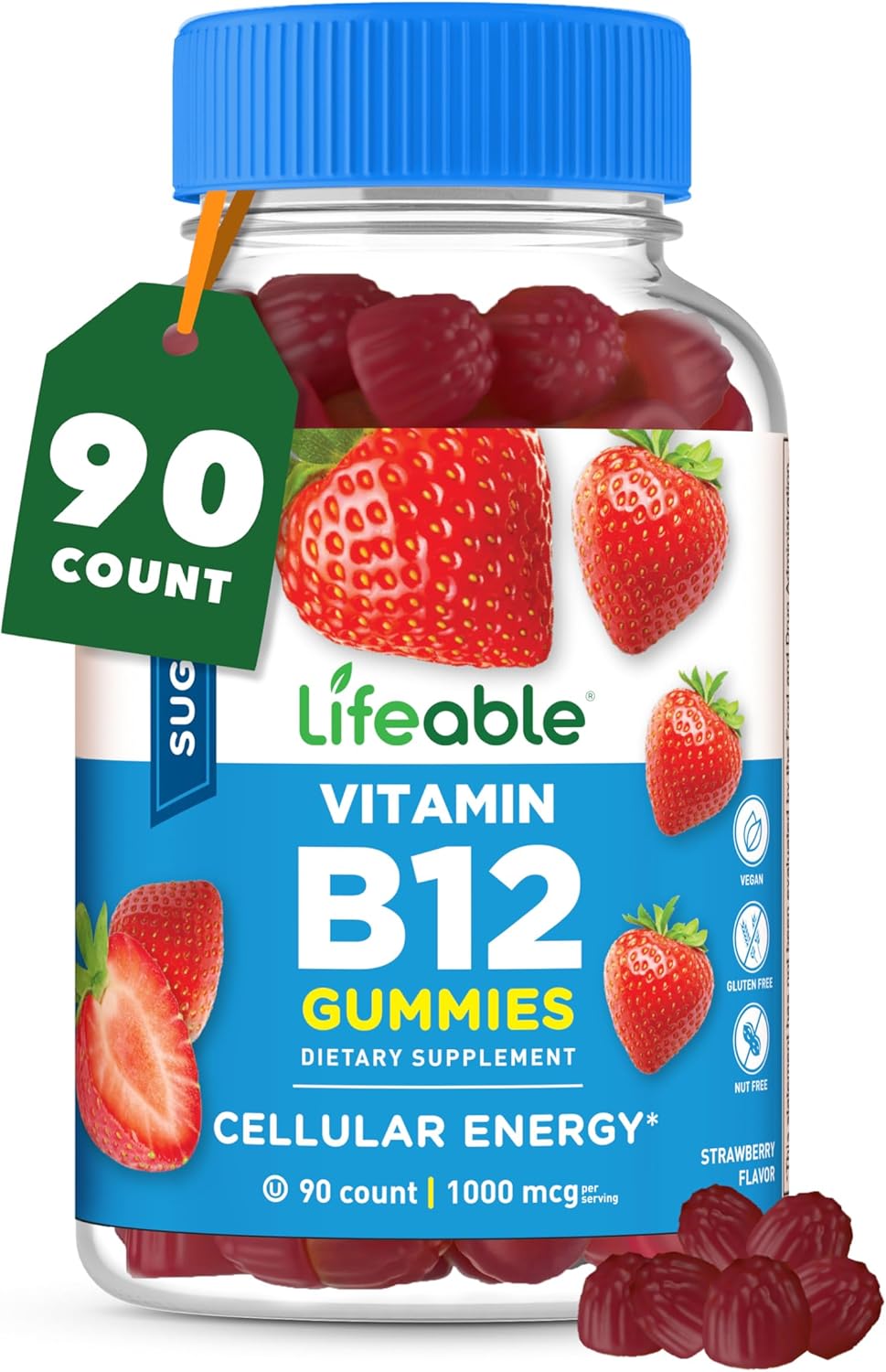 High Potency Sugar Free Vitamin B12 Gummies - 1000 mcg - Delicious B12 Gummies for Energy, Mood, Metabolism - B 12 Vitamin Gummies for Men, Women - 90 Gummies