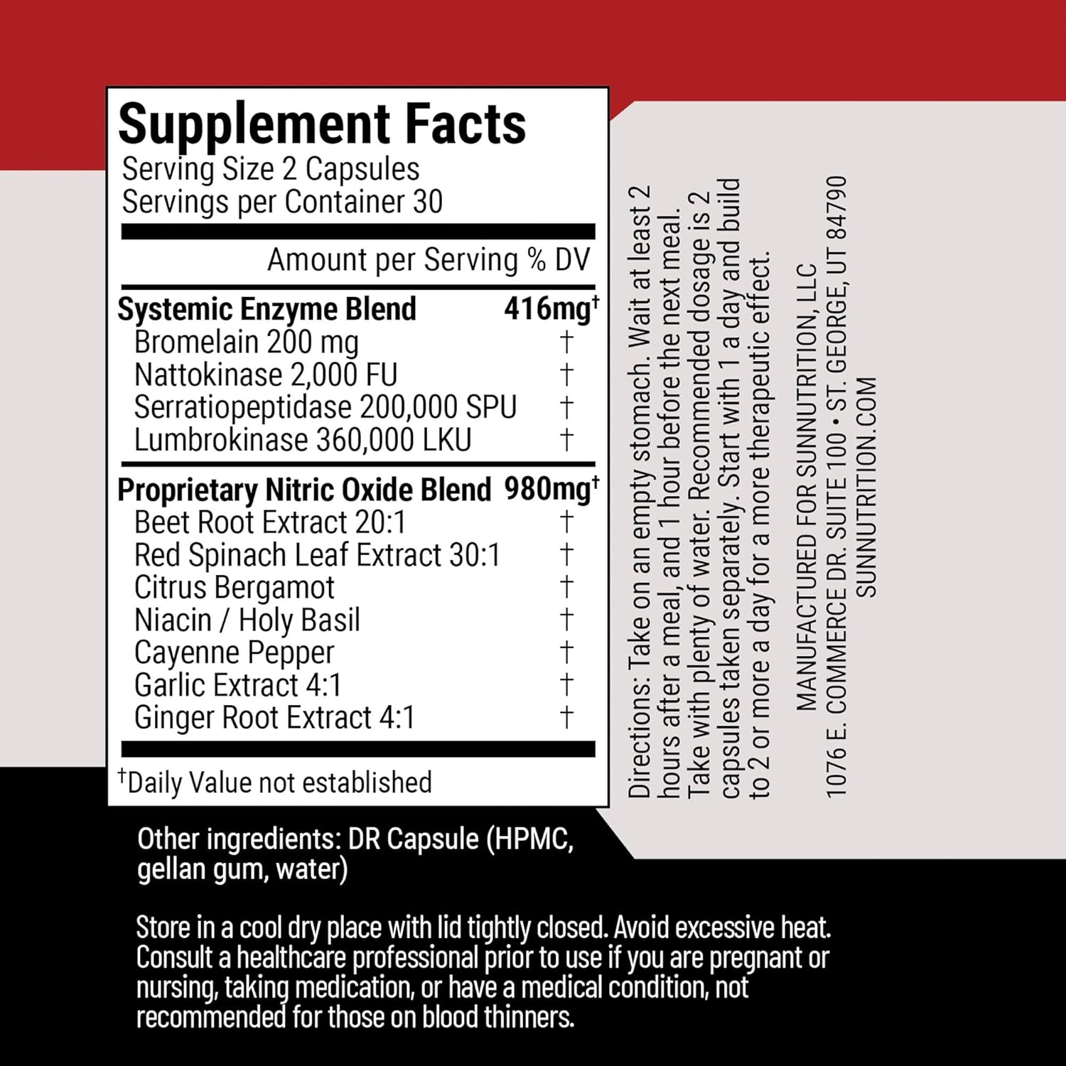 High Potency Sun Nutrition Nitric Oxide Capsules with Nattokinase and Beet Root Extract - Vascular Defense Systemic Enzymes - 60 Capsules