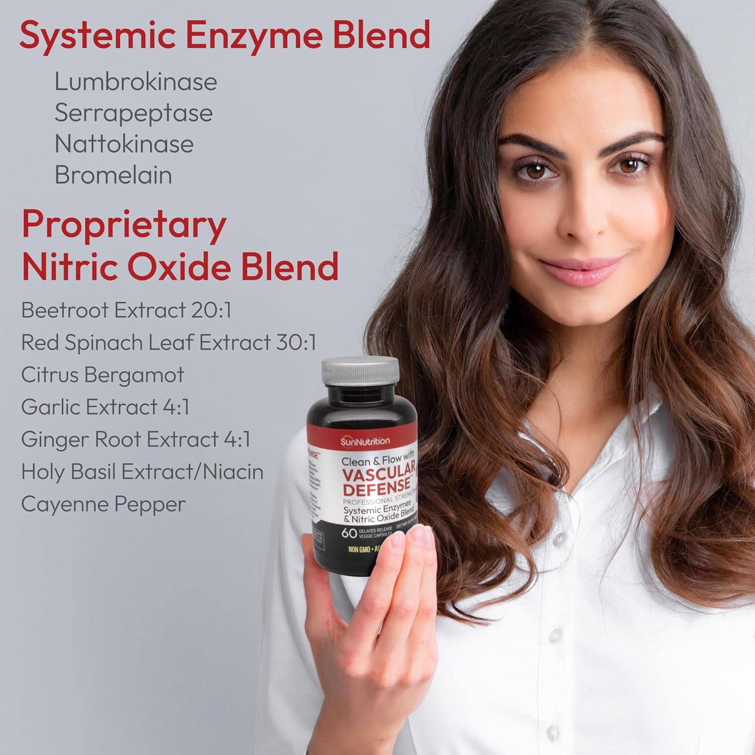High Potency Sun Nutrition Nitric Oxide Capsules with Nattokinase and Beet Root Extract - Vascular Defense Systemic Enzymes - 60 Capsules