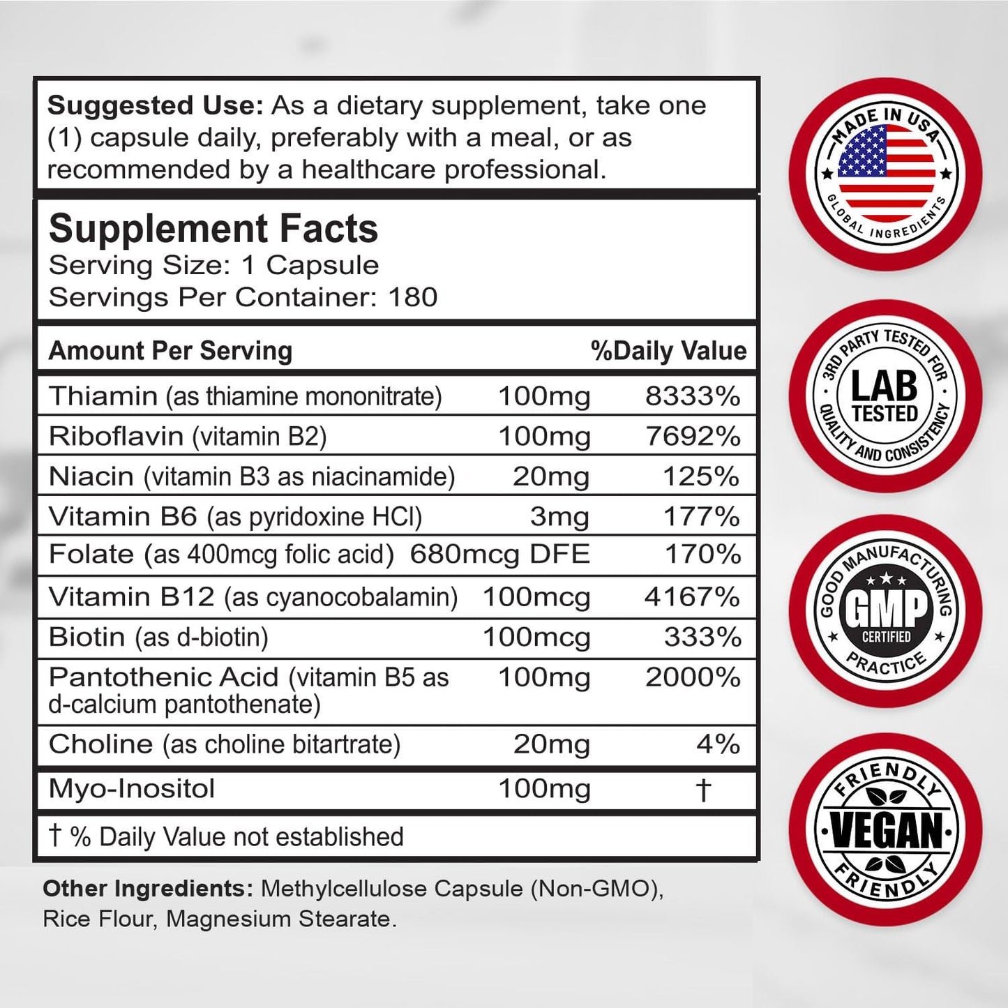 High Potency Super B Complex Vitamins with B12, B1, B2, B3, B5, B6, B7, B9 - 180 Capsules - Energy Metabolism Support - Vegetarian Formula