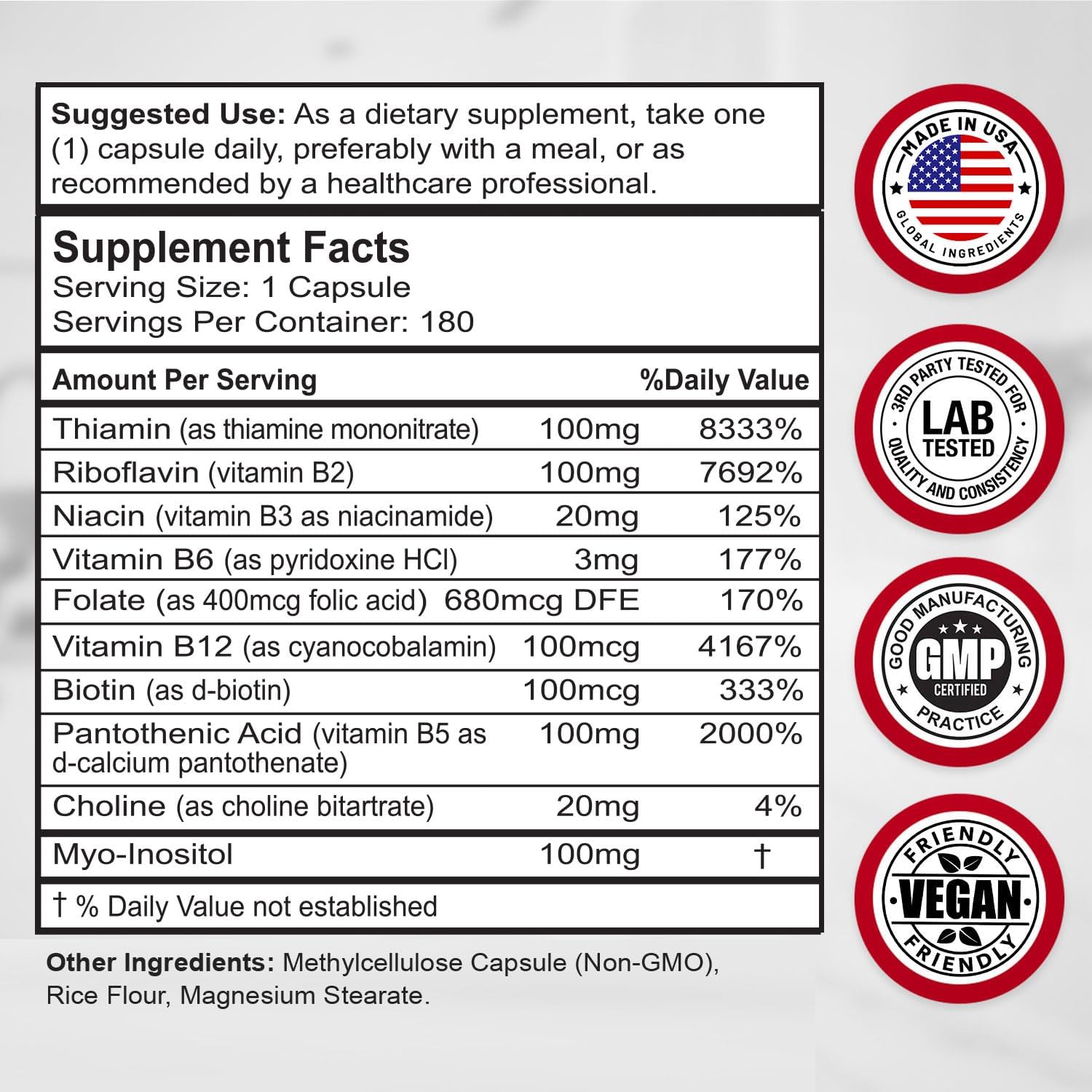 High Potency Super B Complex Vitamins with B12, B1, B2, B3, B5, B6, B7, B9 - 180 Capsules - Energy Metabolism Support - Vegetarian Formula