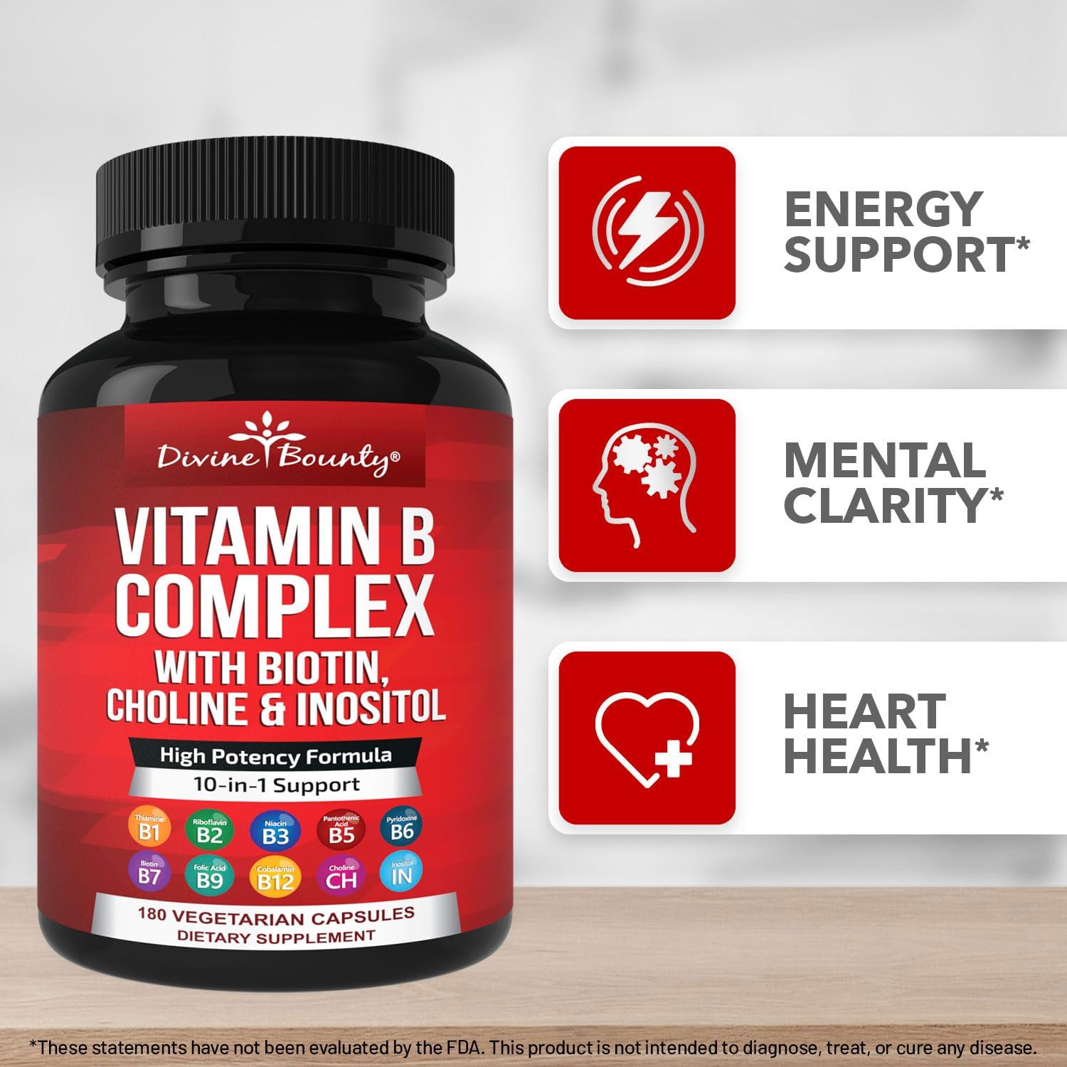 High Potency Super B Complex Vitamins with B12, B1, B2, B3, B5, B6, B7, B9 - 180 Capsules - Energy Metabolism Support - Vegetarian Formula