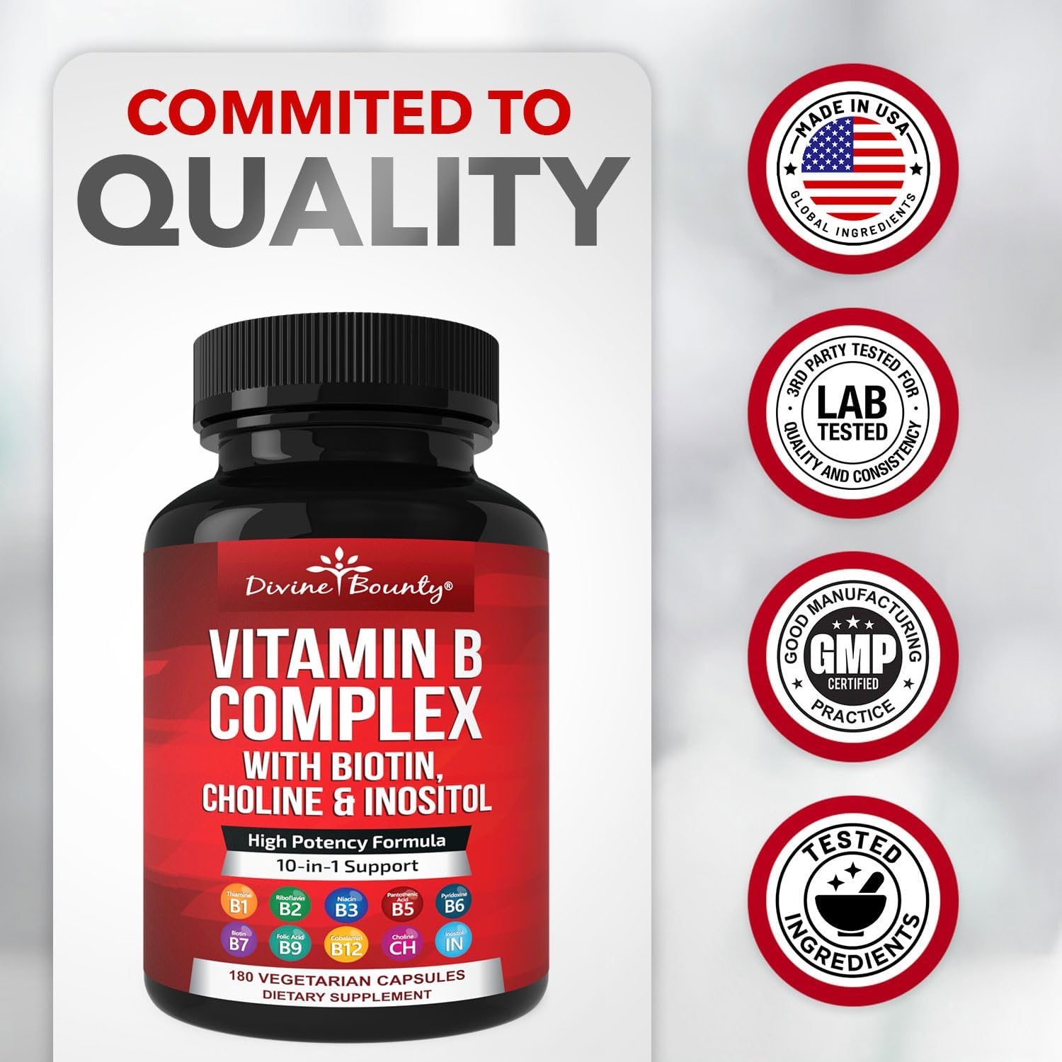 High Potency Super B Complex Vitamins with B12, B1, B2, B3, B5, B6, B7, B9 - 180 Capsules - Energy Metabolism Support - Vegetarian Formula