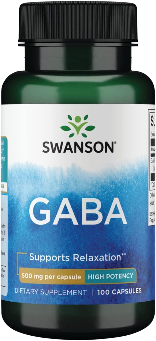 High Potency Swanson GABA Supplement for Calm & Relaxation, Restful Sleep, Healthy Stress Levels - 100 Capsules, 500mg