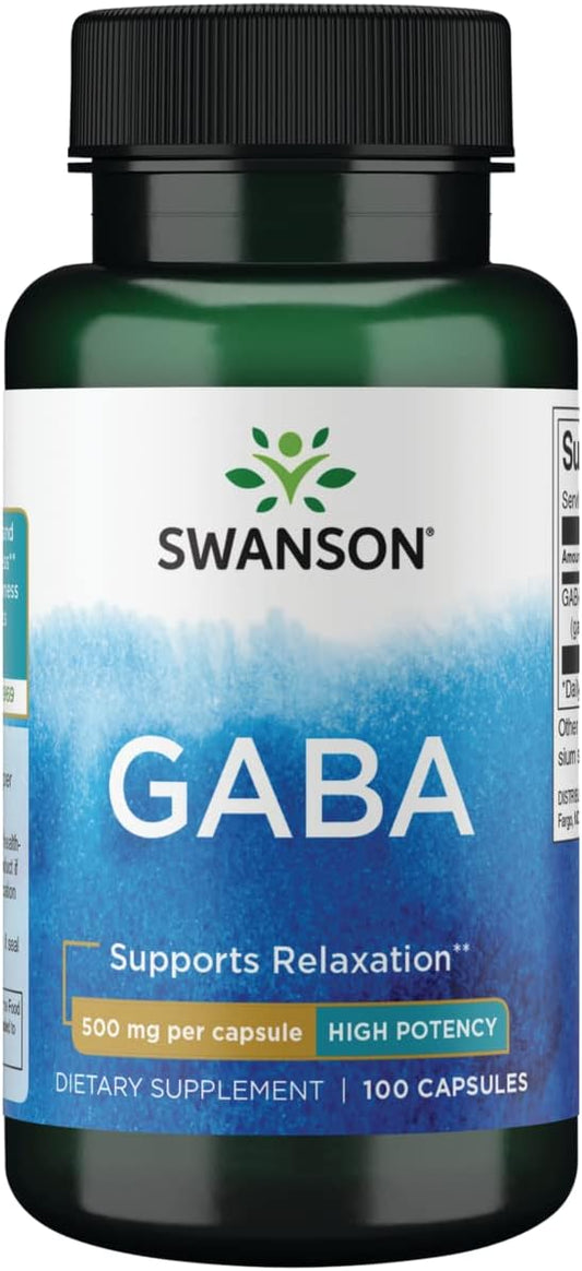 High Potency Swanson GABA Supplement for Calm & Relaxation, Restful Sleep, Healthy Stress Levels - 100 Capsules, 500mg