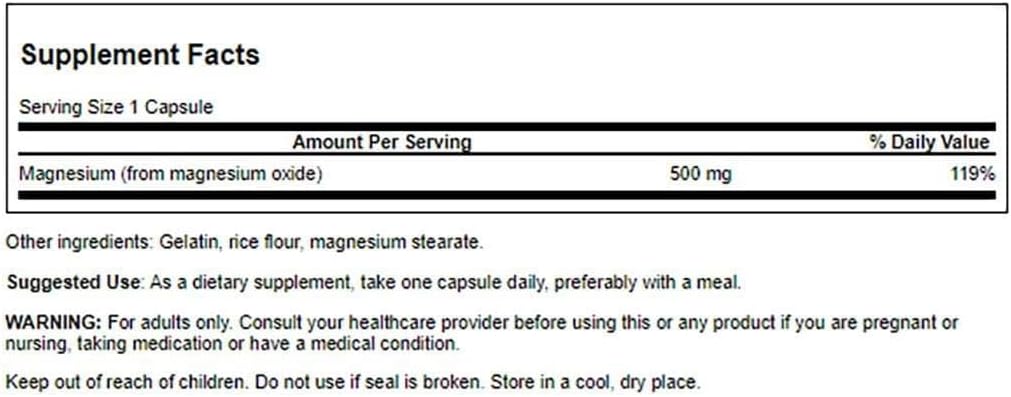 High Potency Swanson Magnesium Oxide Capsules - 500 mg, 100 Count