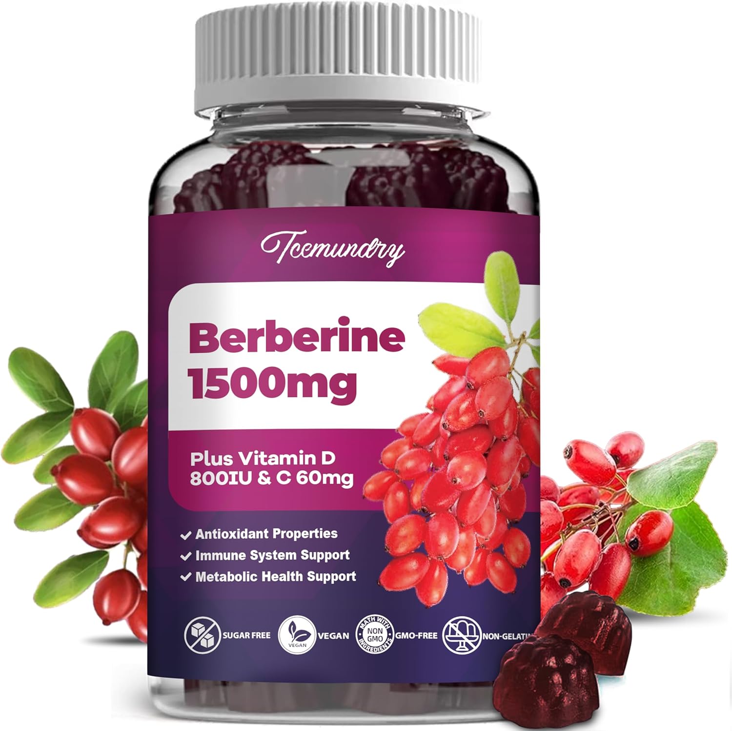 High Potency Tcemundry Berberine Gummies 1500 mg Supplement with Indian Barberry Root, Vitamin D, and Vitamin C