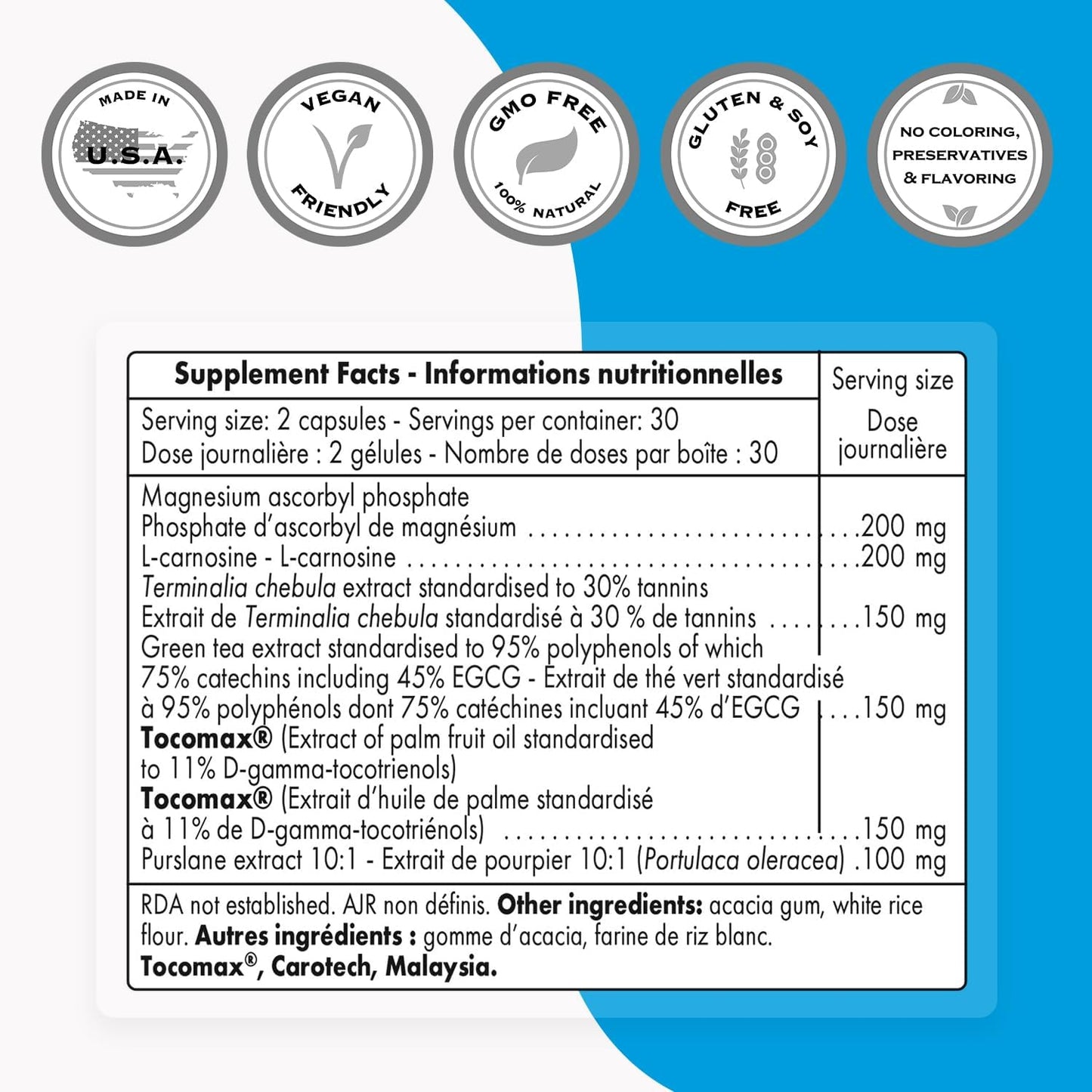 High Potency Telomeres Maintenance Formula with Polyphenols, Catechins, EGCG, and D-Gamma-Tocotrienols - Non-GMO, Gluten Free - 60 Vegetarian Capsules
