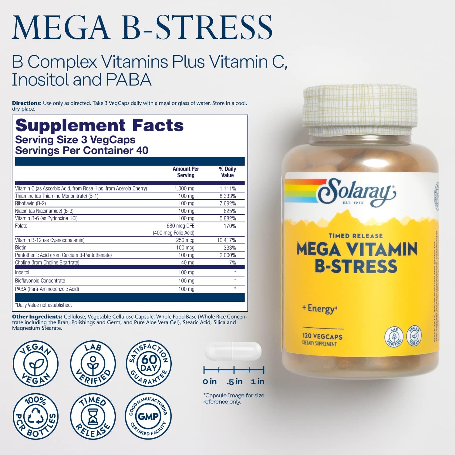 High Potency Timed-Release Vitamin B Complex with Vitamin C for Stress and Energy Support - 120 VegCaps, Vegan Friendly