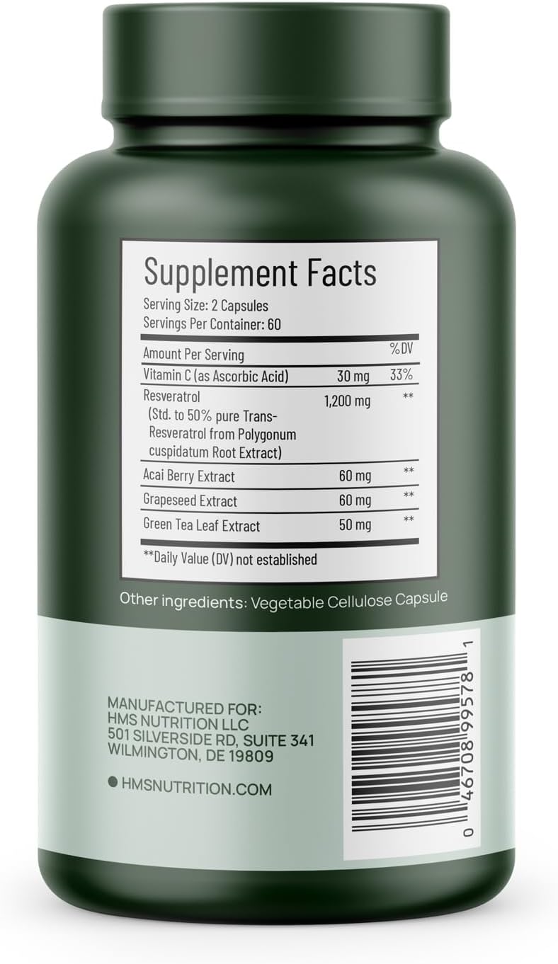 High Potency Trans-Resveratrol Capsules 1400mg - Antioxidant Blend for Cellular and Cardiovascular Health, Anti-Aging - Acai, Grapeseed, Green Tea