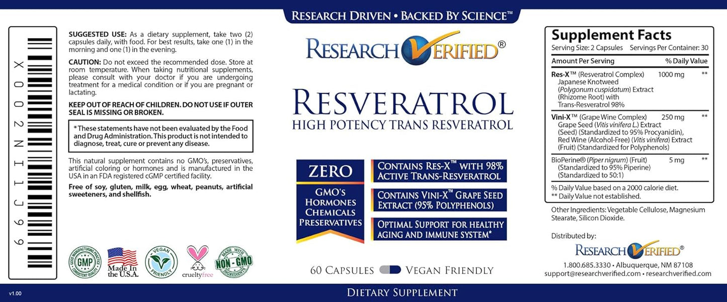 High Potency Trans-Resveratrol Supplement - 3000mg Total - Anti-Aging Support - 180 Capsules - 3 Bottles