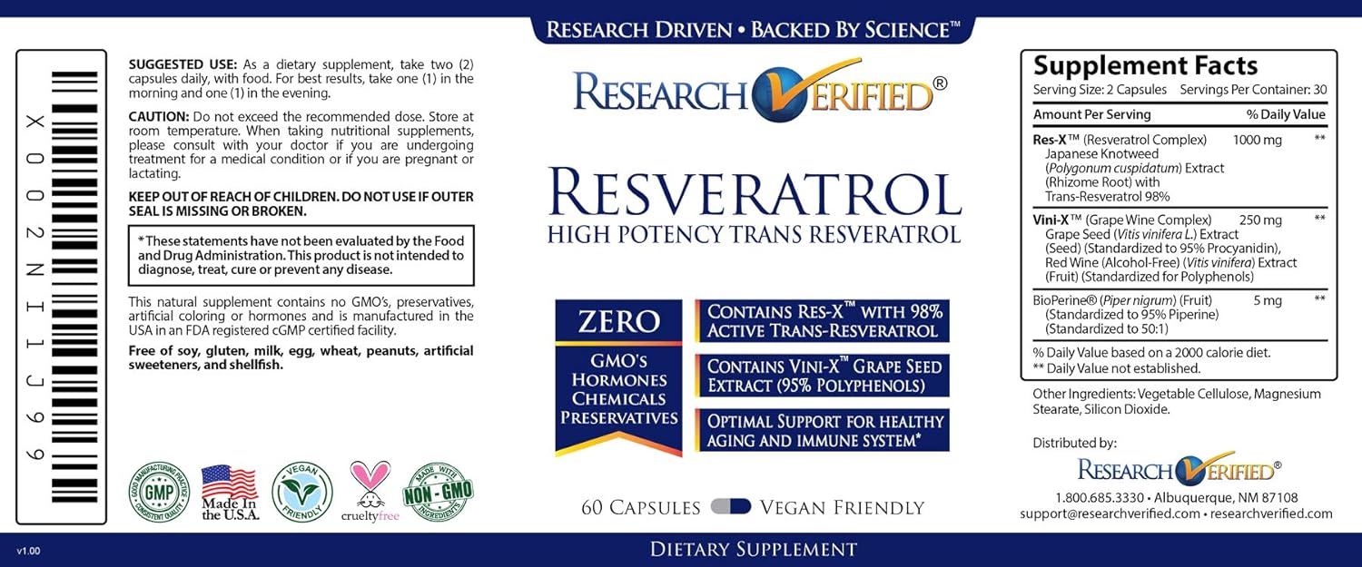 High Potency Trans-Resveratrol Supplement - 3000mg Total - Anti-Aging Support - 180 Capsules - 3 Bottles