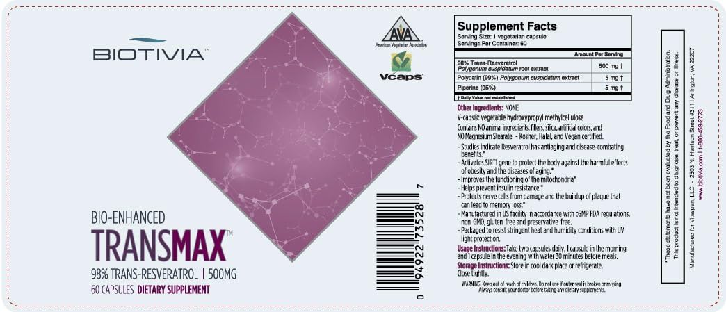 High-Potency Transmax 1000mg Resveratrol Supplement with Polydatin & Piperine for Optimal Absorption. Vegan Capsules, No Fillers.