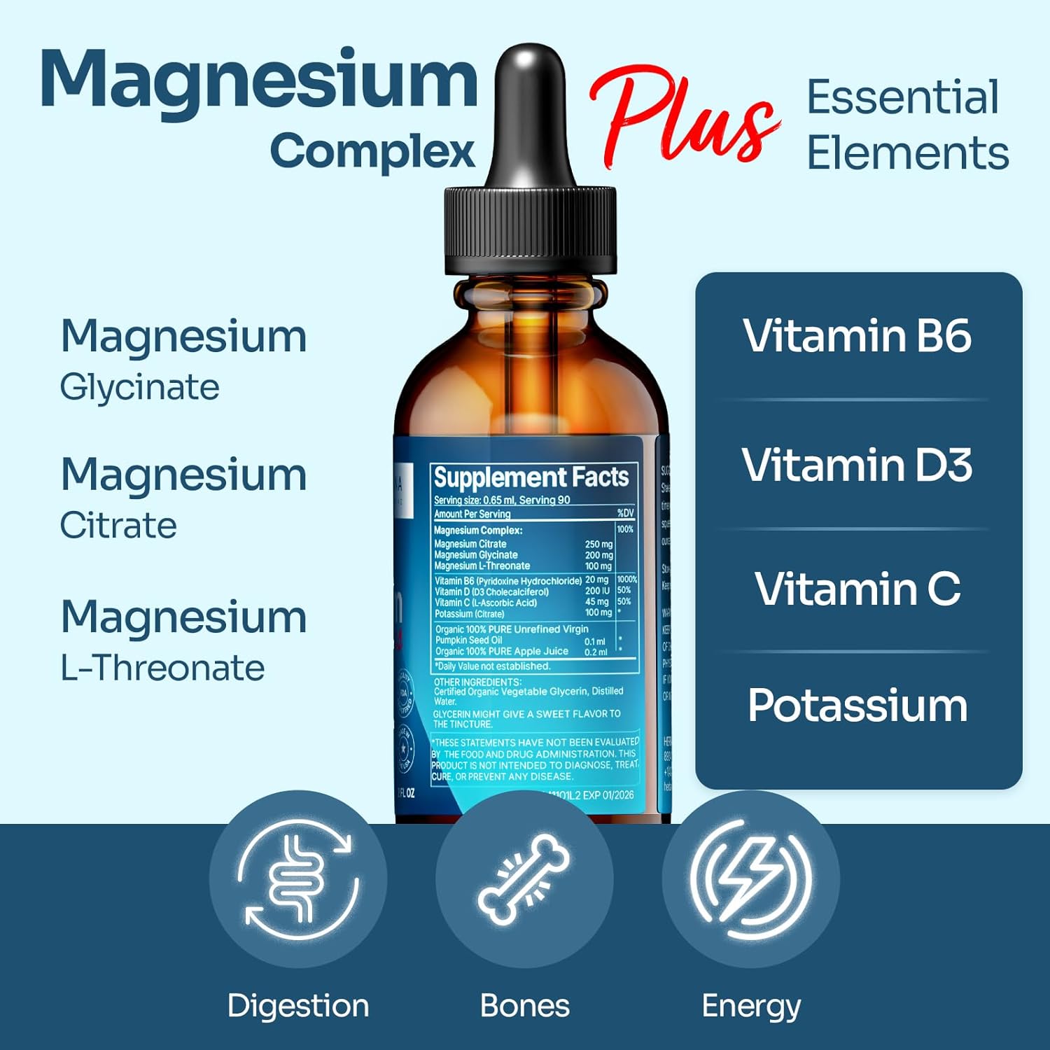 High Potency Triple Complex Magnesium Liquid Drops with Vitamins for 100% Absorption - 45-Day Supply