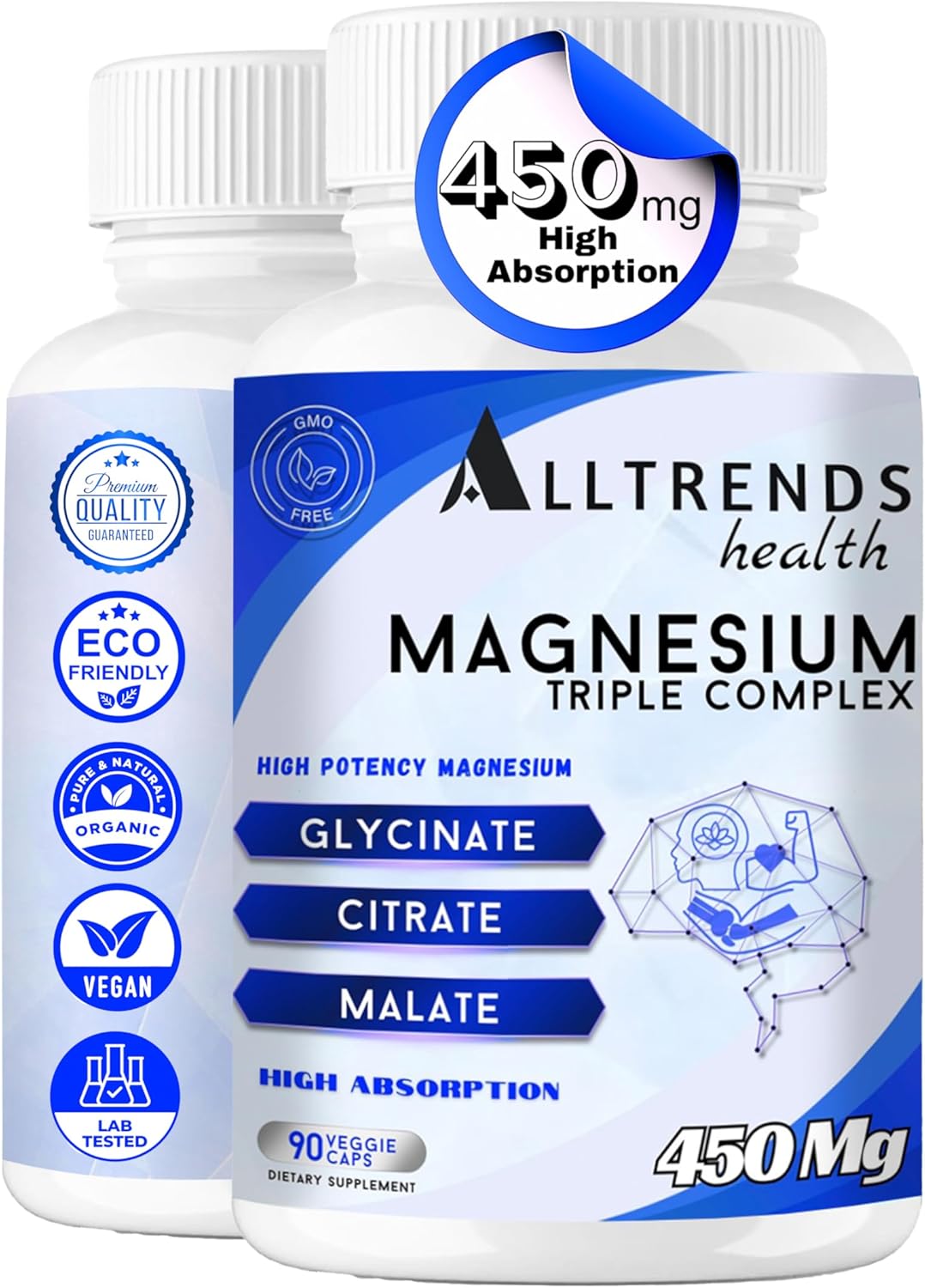 High Potency Triple Magnesium Complex 450mg | Glycinate, Malate, Citrate | Non-GMO, Gluten Free, Soy Free | 90 Capsules