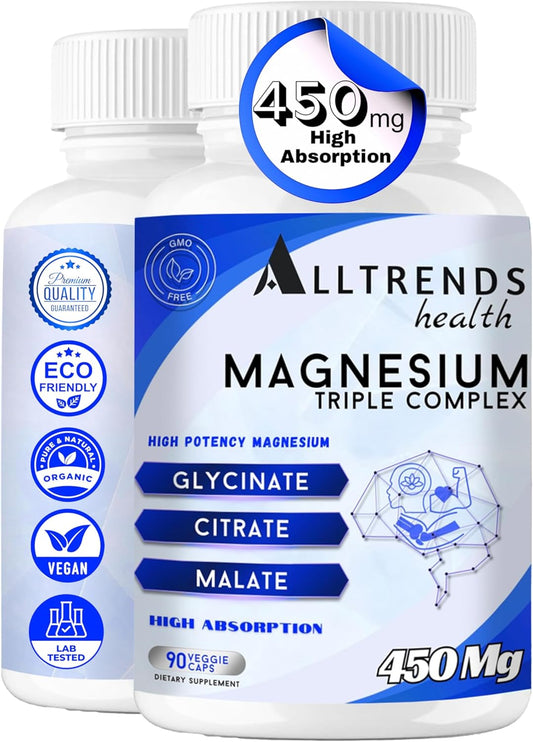 High Potency Triple Magnesium Complex 450mg | Glycinate, Malate, Citrate | Non-GMO, Gluten Free, Soy Free | 90 Capsules