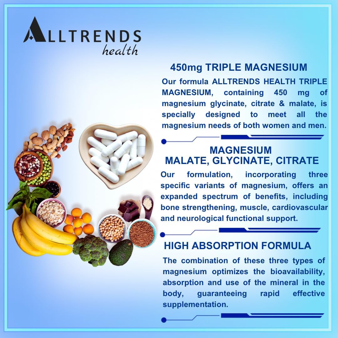 High Potency Triple Magnesium Complex 450mg | Glycinate, Malate, Citrate | Non-GMO, Gluten Free, Soy Free | 90 Capsules