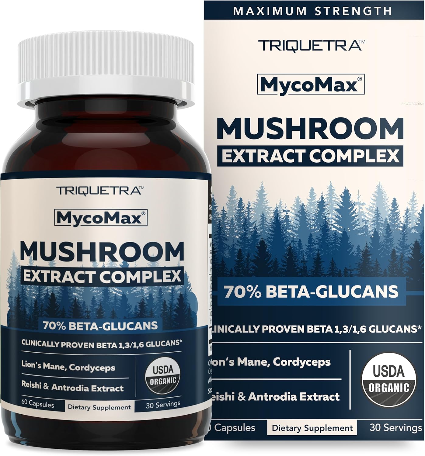High-Potency Triquetra Health MycoMax Mushroom Complex with 70% Beta Glucans - US Grown, Ultrasonic Extraction - Lions Mane, Cordyceps, Reishi & More - Supports Cognition, Immunity, Energy - 60 Capsules