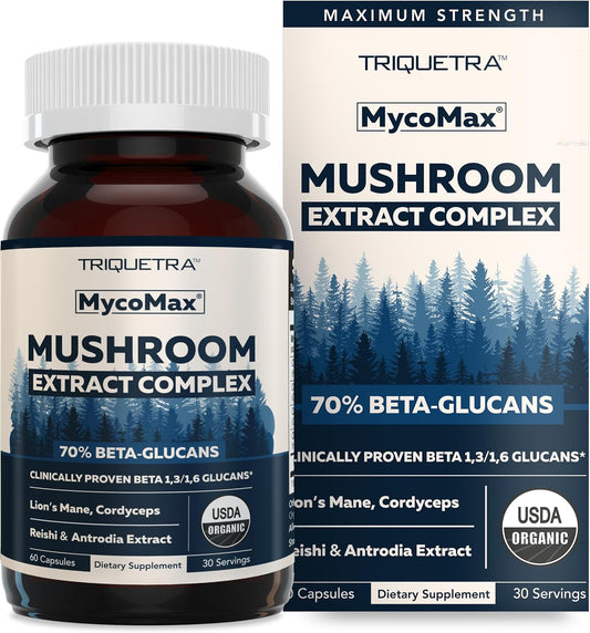 High-Potency Triquetra Health MycoMax Mushroom Complex with 70% Beta Glucans - US Grown, Ultrasonic Extraction - Lions Mane, Cordyceps, Reishi & More - Supports Cognition, Immunity, Energy - 60 Capsules