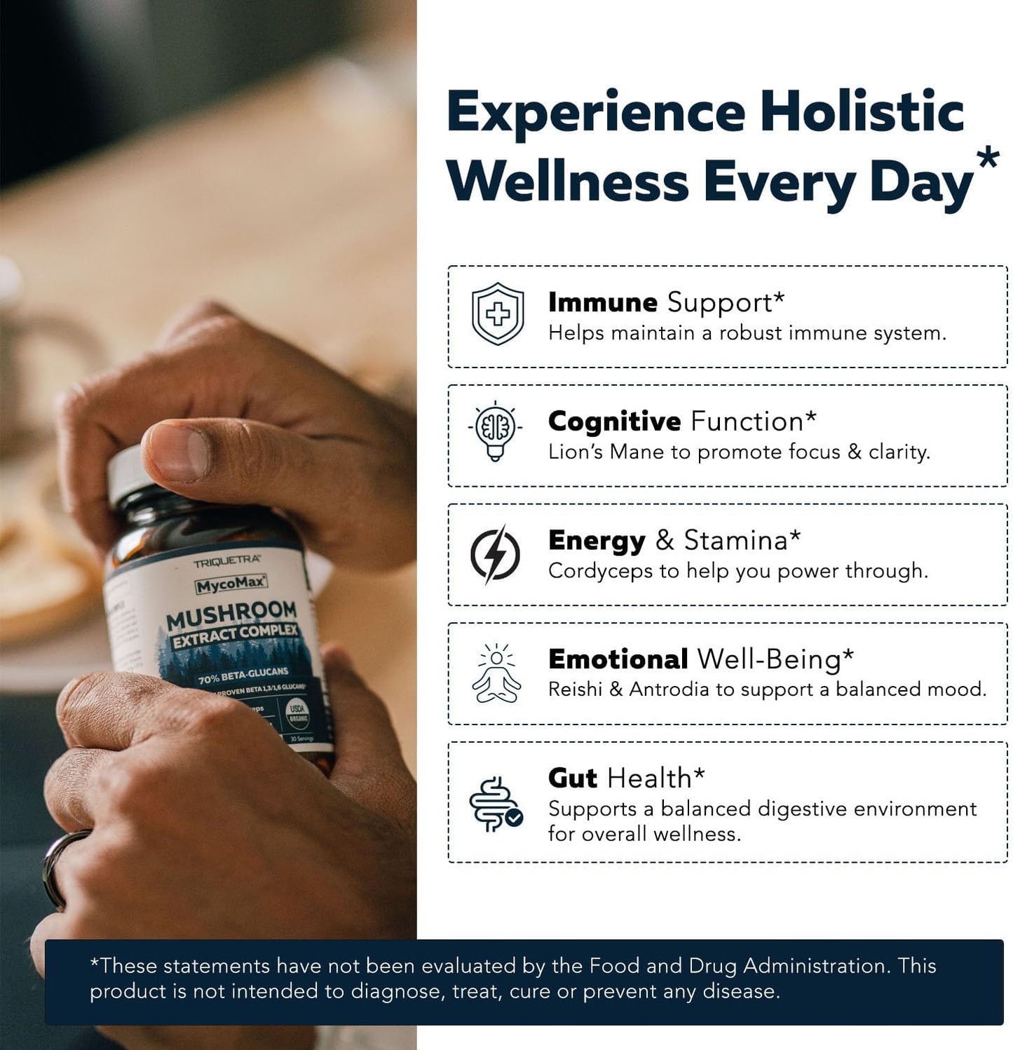 High-Potency Triquetra Health MycoMax Mushroom Complex with 70% Beta Glucans - US Grown, Ultrasonic Extraction - Lions Mane, Cordyceps, Reishi & More - Supports Cognition, Immunity, Energy - 60 Capsules