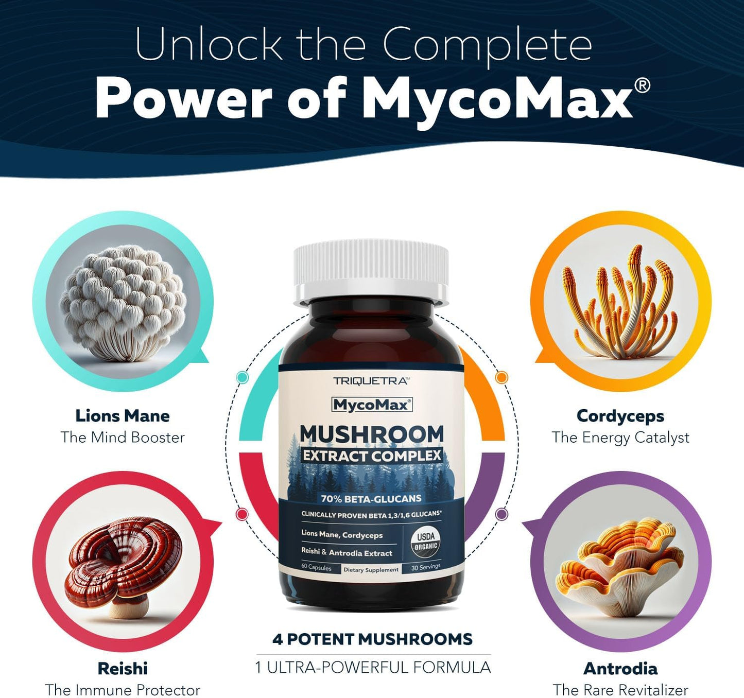 High-Potency Triquetra Health MycoMax Mushroom Complex with 70% Beta Glucans - US Grown, Ultrasonic Extraction - Lions Mane, Cordyceps, Reishi & More - Supports Cognition, Immunity, Energy - 60 Capsules