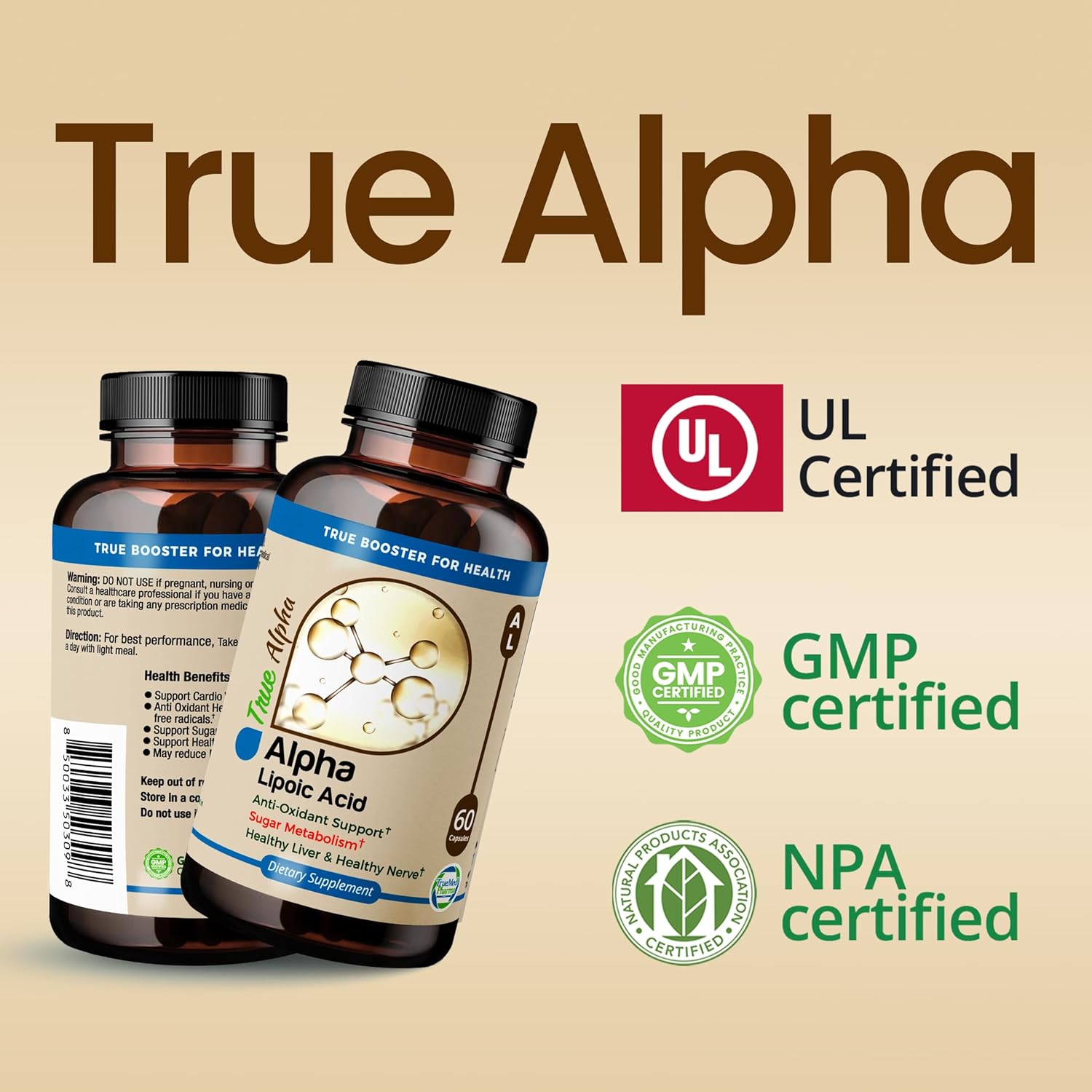 High Potency TRUEMED Alpha Lipoic Acid 600mg Supplement for Energy, Cellular Health, Immunity, Skin & Metabolism - 60 Capsules
