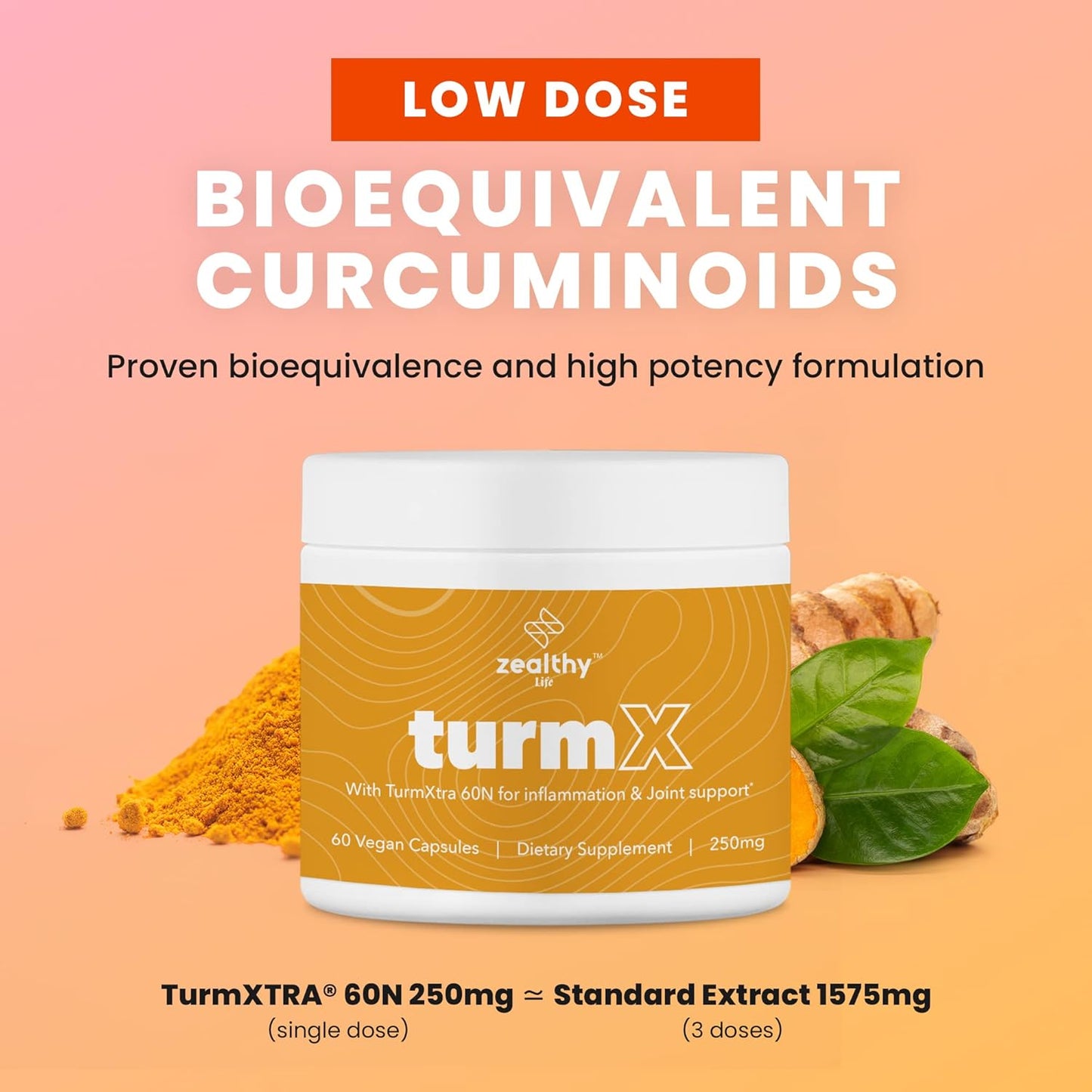 High-Potency Turmeric Capsules for Joint Support - Non-GMO Turmeric Supplements, 250mg per Capsule, 60 Vegan Capsules by Zealthy Life