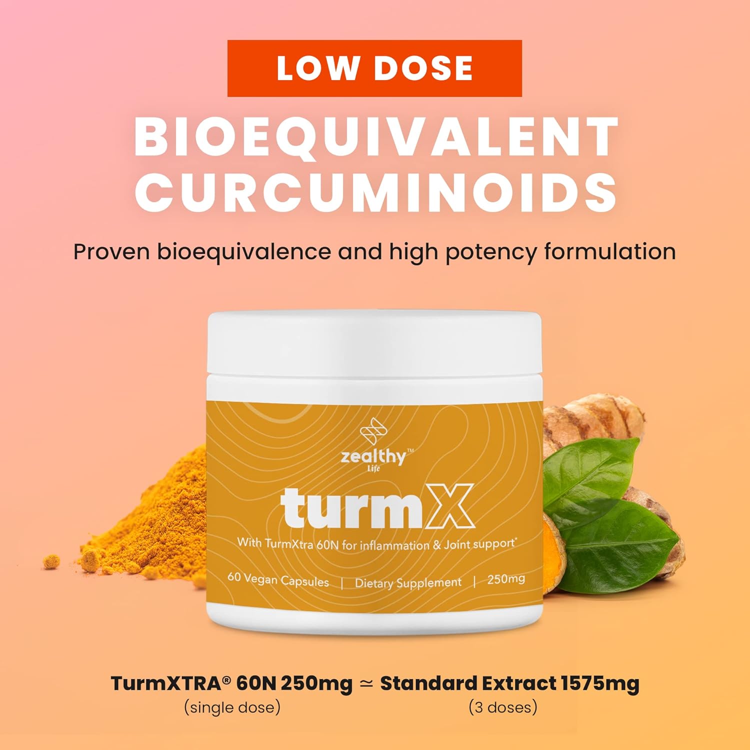 High-Potency Turmeric Capsules for Joint Support - Non-GMO Turmeric Supplements, 250mg per Capsule, 60 Vegan Capsules by Zealthy Life
