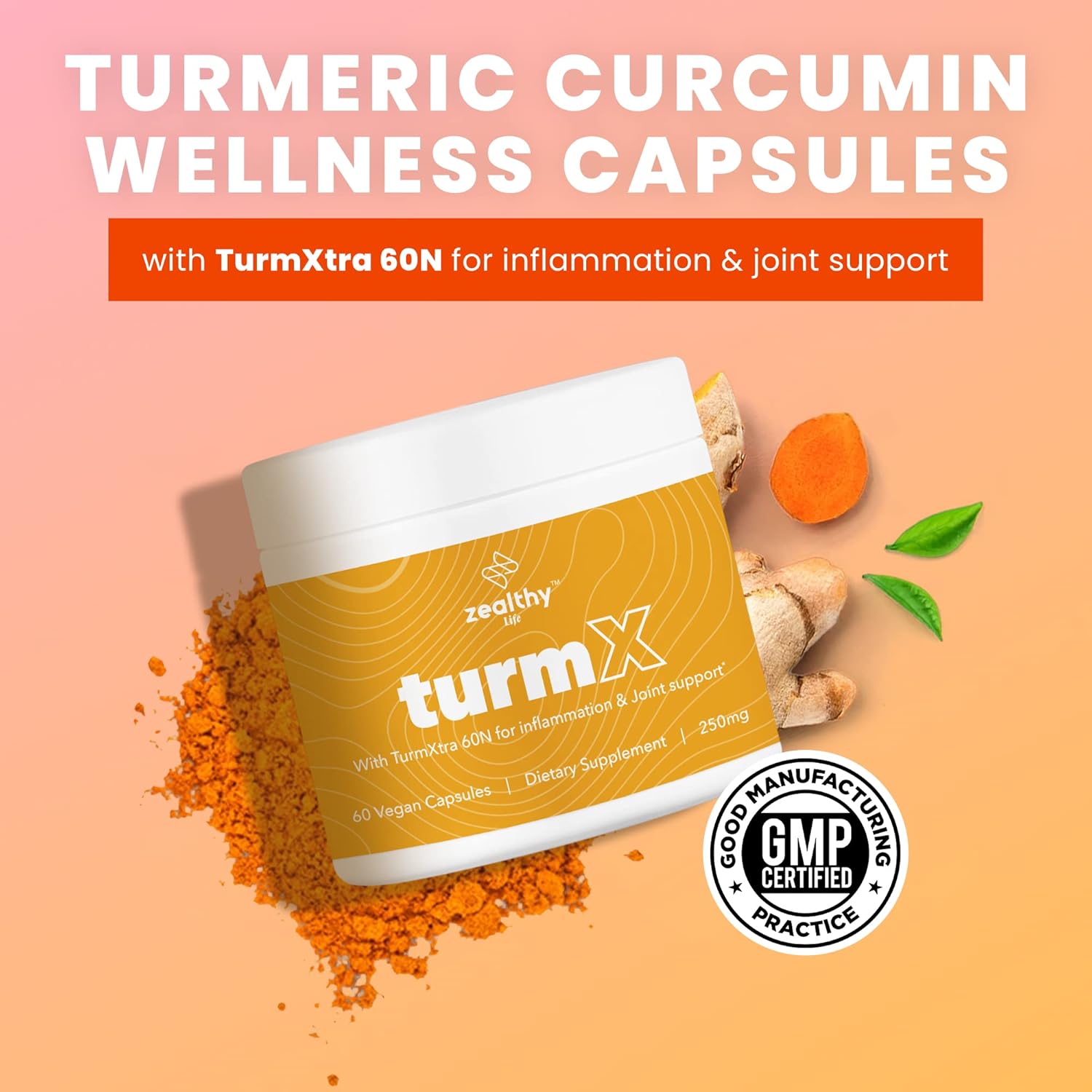 High-Potency Turmeric Capsules for Joint Support - Non-GMO Turmeric Supplements, 250mg per Capsule, 60 Vegan Capsules by Zealthy Life