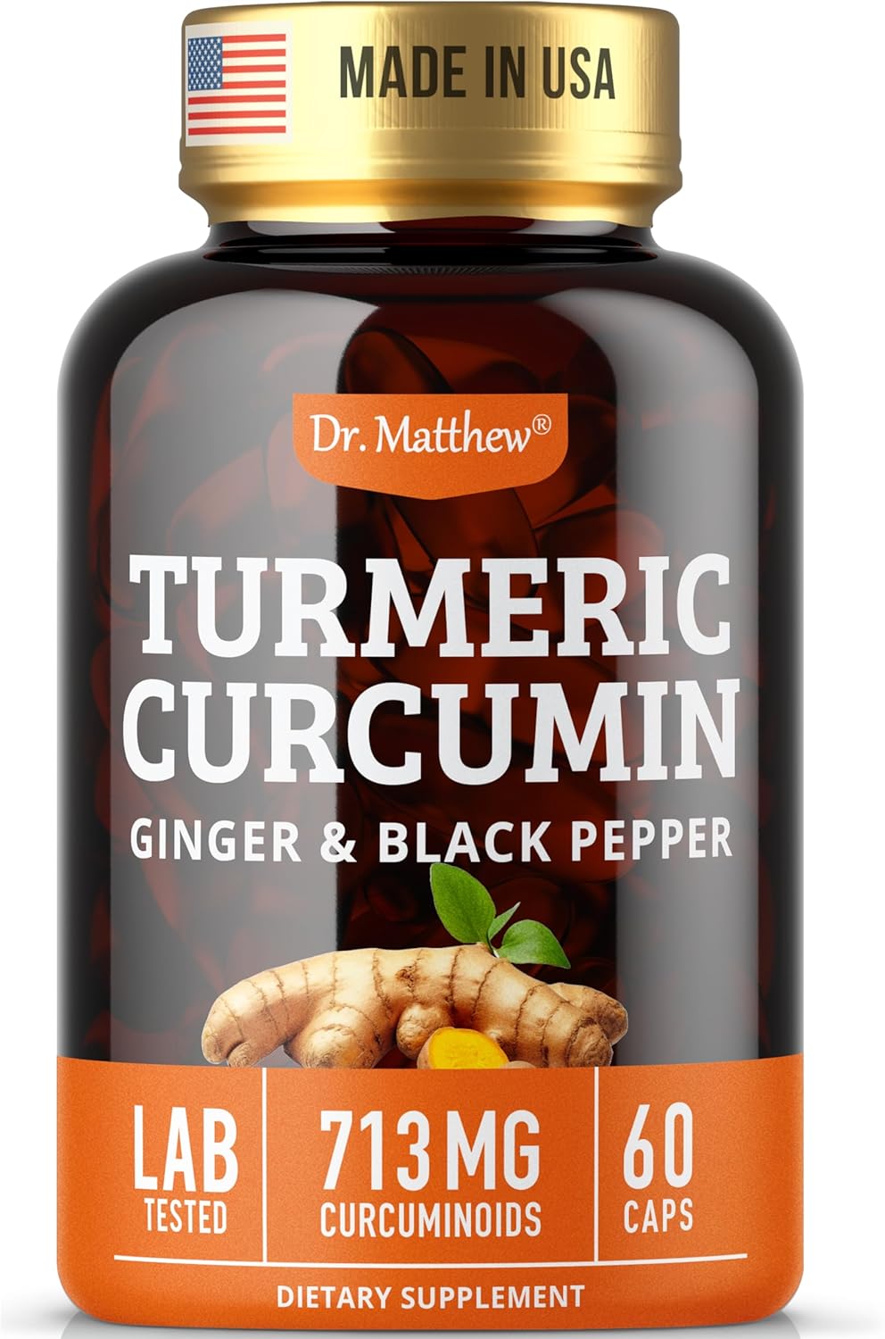 High Potency Turmeric Curcumin and Ginger Supplement with Black Pepper for Joint Support - 1000mg, 60 Capsules