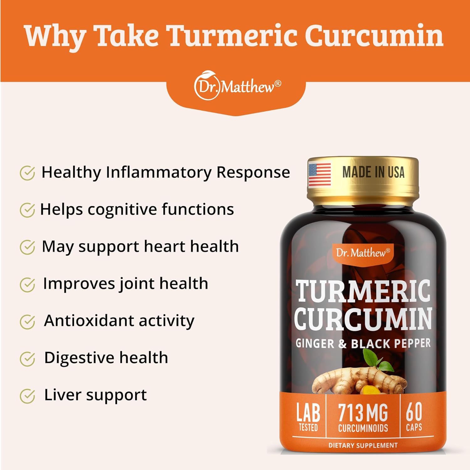 High Potency Turmeric Curcumin and Ginger Supplement with Black Pepper for Joint Support - 1000mg, 60 Capsules
