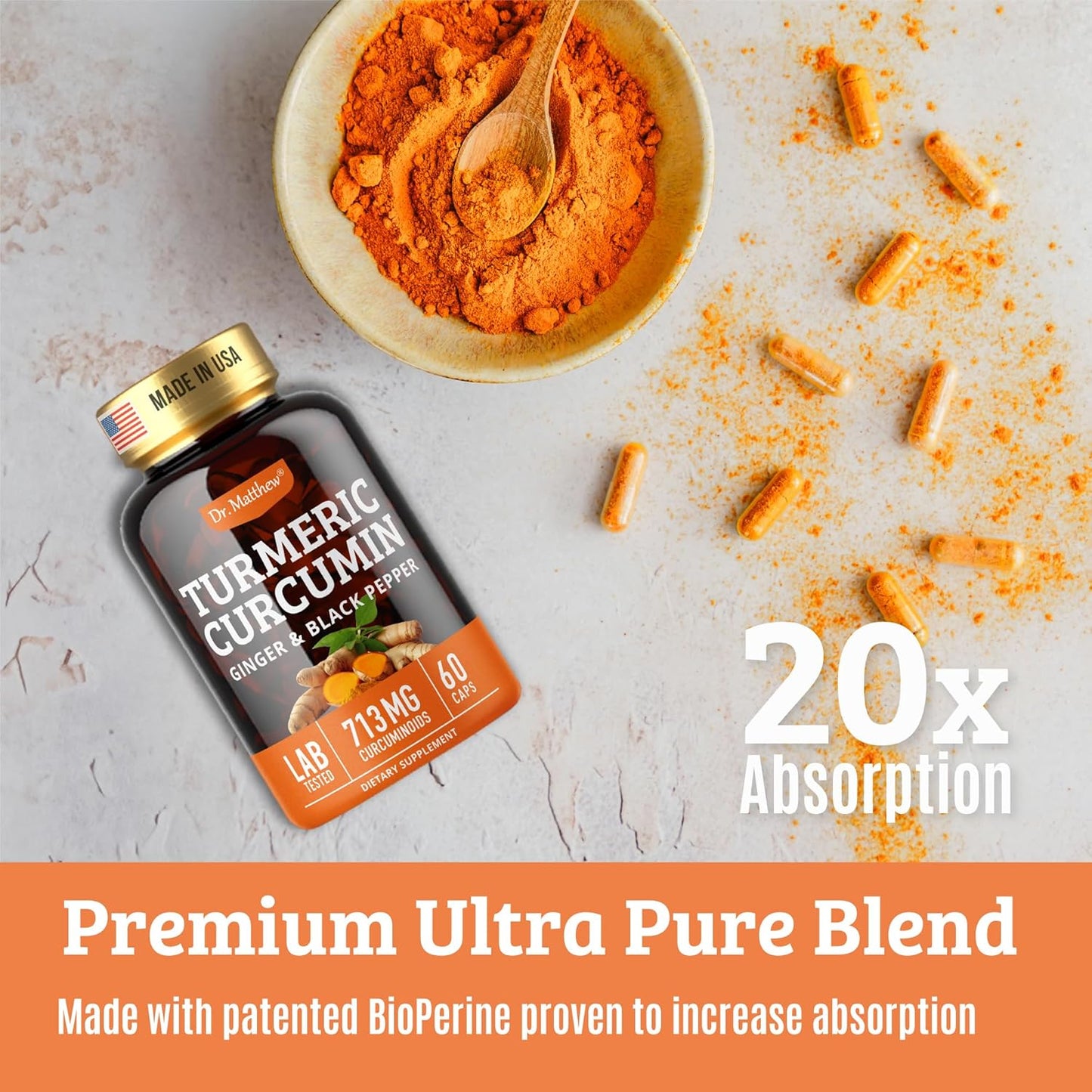 High Potency Turmeric Curcumin and Ginger Supplement with Black Pepper for Joint Support - 1000mg, 60 Capsules