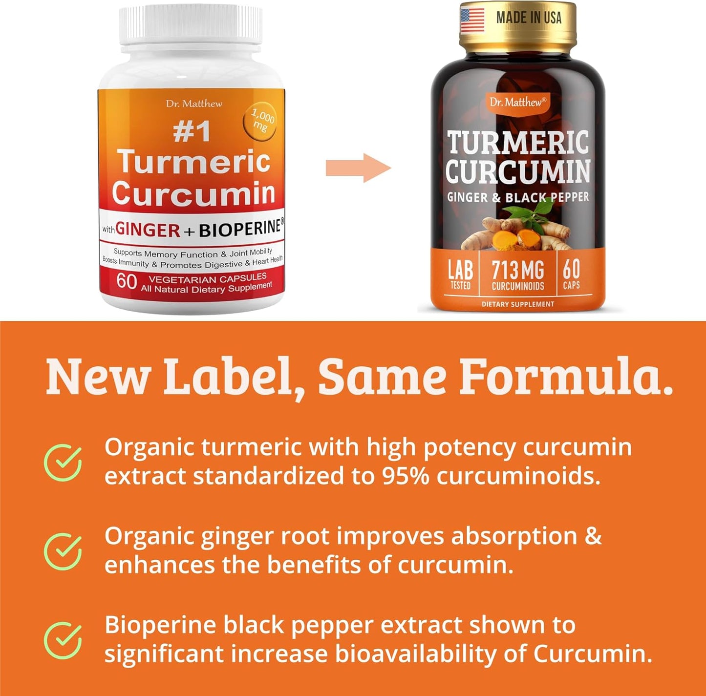High Potency Turmeric Curcumin and Ginger Supplement with Black Pepper for Joint Support - 1000mg, 60 Capsules