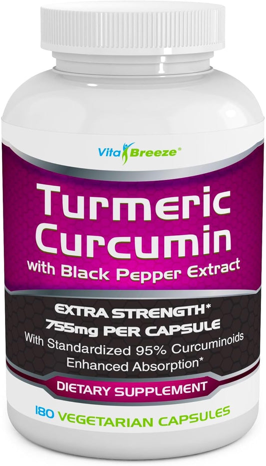 High Potency Turmeric Curcumin Capsules with Black Pepper - 755mg, 180 Vegetarian Capsules - Enhanced with Piperine for Optimal Absorption and 95% Curcuminoids