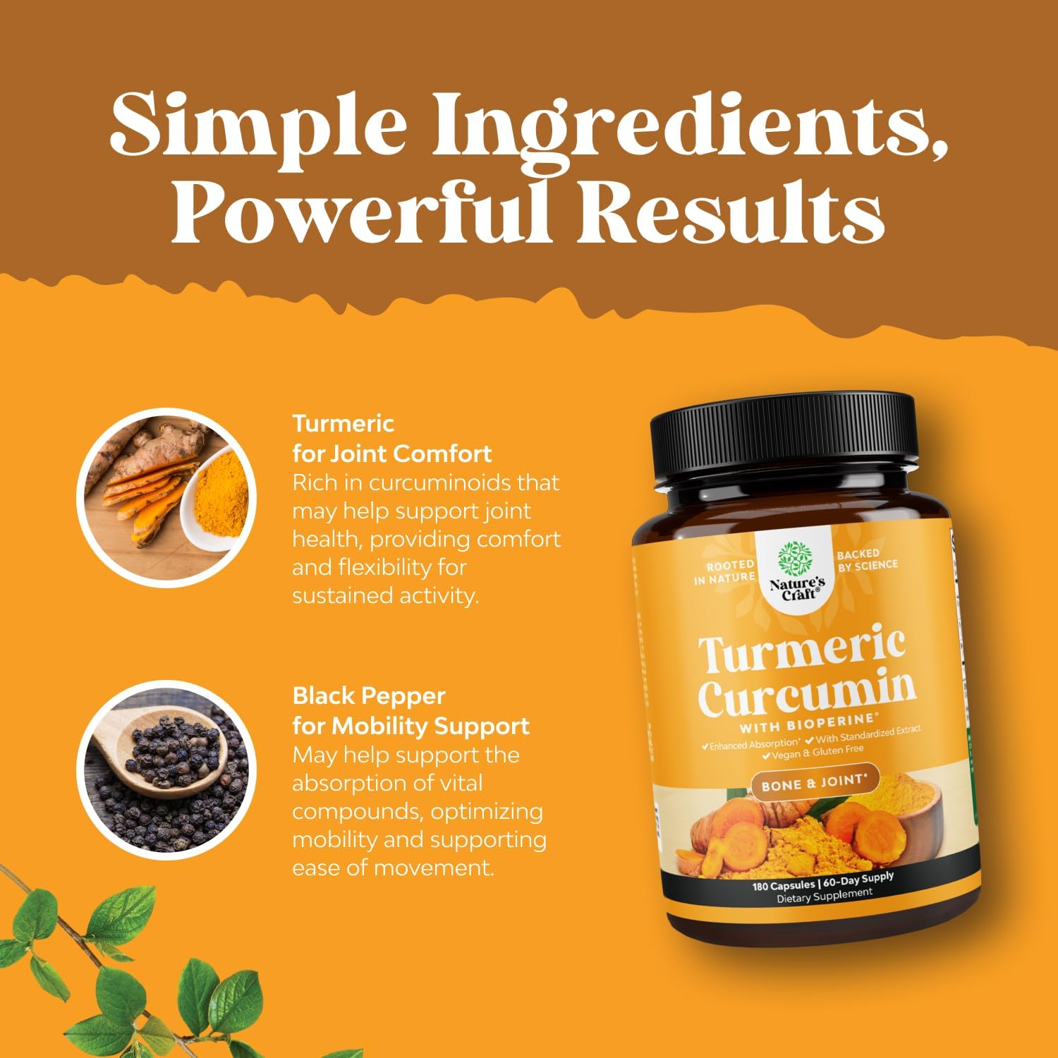 High Potency Turmeric Curcumin Supplement with Black Pepper Extract for Joint Health - 95% Curcuminoids for Daily Support - Enhanced Absorption with Bioperine