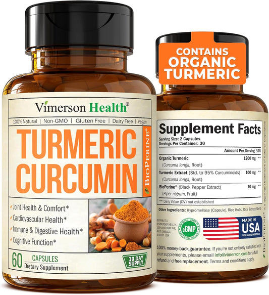 High Potency Turmeric Curcumin Supplement with Organic Tumeric 1200mg - 60 Capsules for Immune & Joint Health