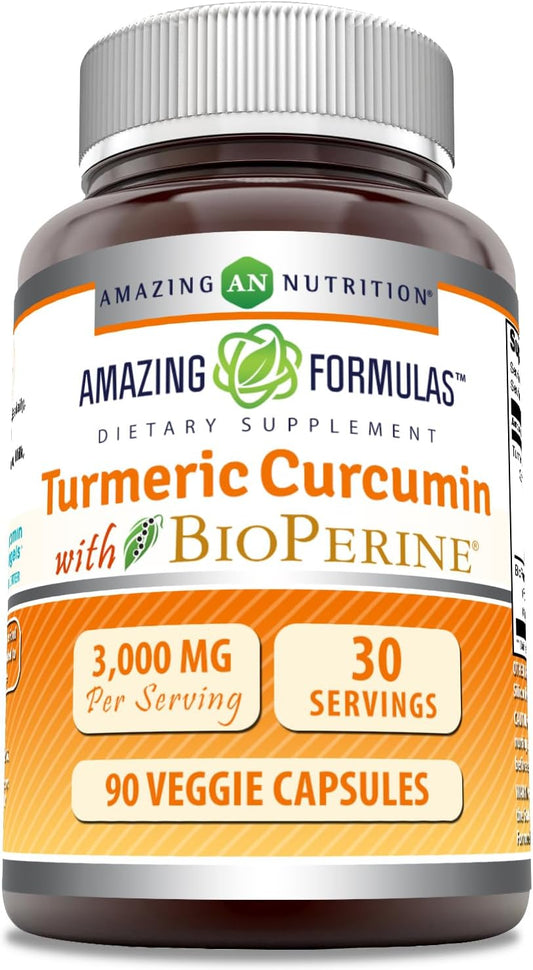High Potency Turmeric Curcumin with Bioperine 3000mg | 90 Veggie Capsules | Non-GMO, Gluten Free | Made in USA by Amazing Nutrition