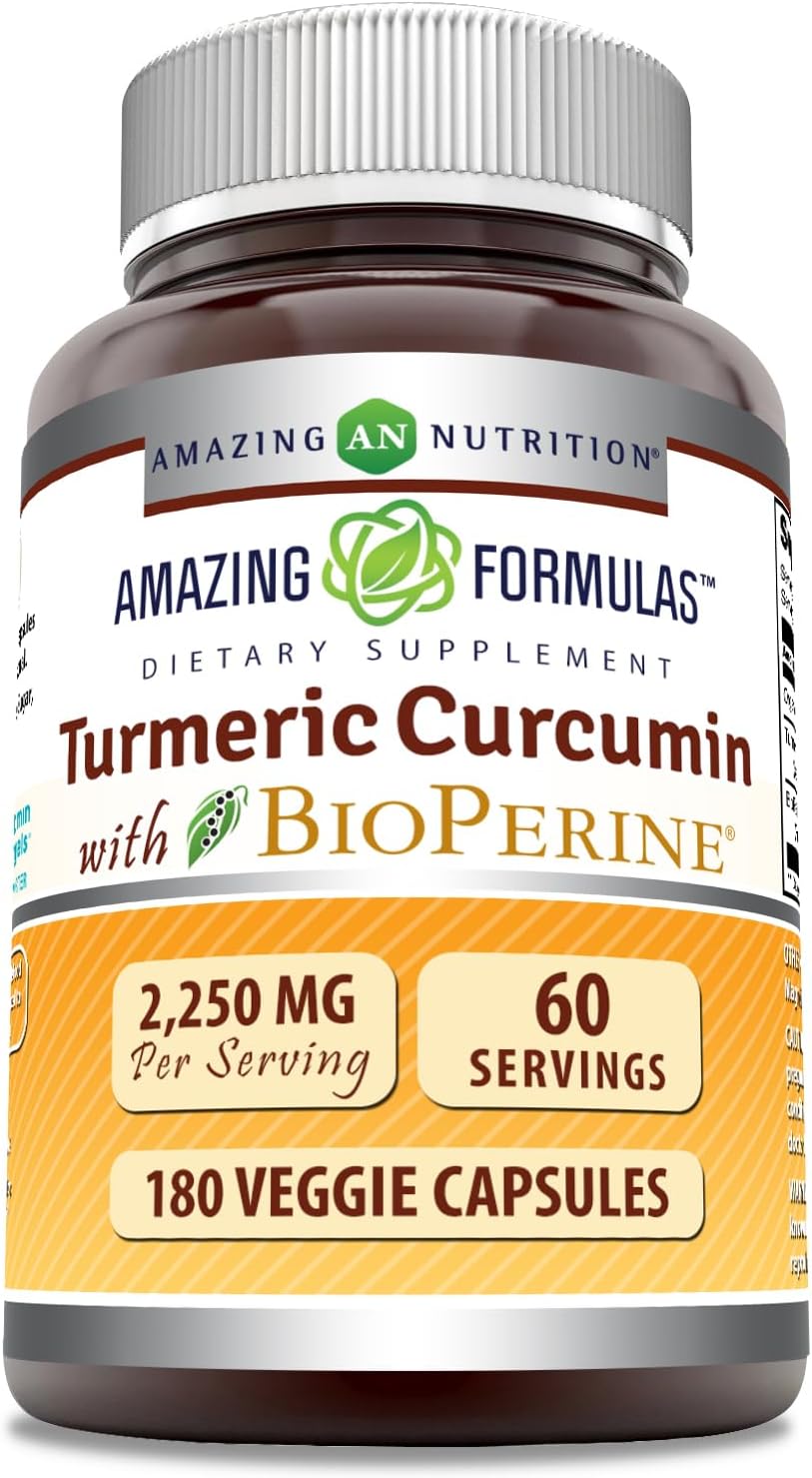High Potency Turmeric Curcumin with Bioperine Capsules | 2250 Mg per Serving | Non-GMO & Gluten-Free | Made in USA | 180 Veggie Caps (1 Pack)