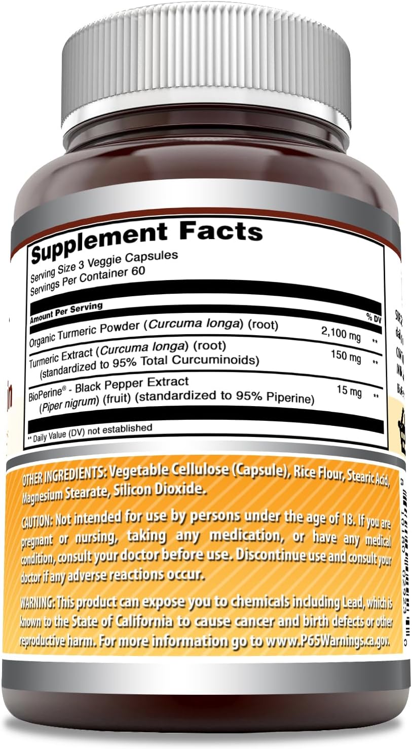 High Potency Turmeric Curcumin with Bioperine Capsules | 2250 Mg per Serving | Non-GMO & Gluten-Free | Made in USA | 180 Veggie Caps (1 Pack)