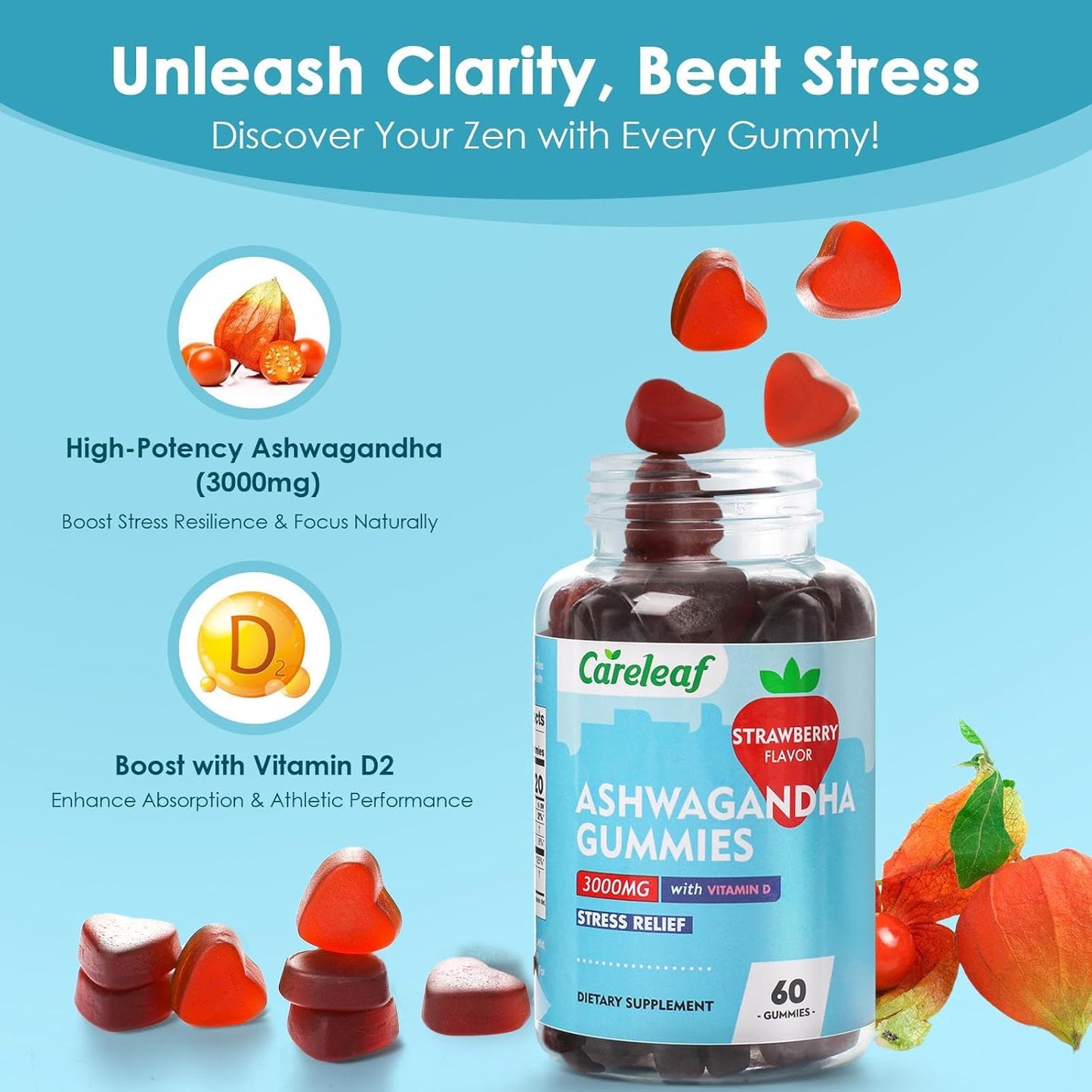 High Potency Vegan Ashwagandha Gummies with Vitamin D2 - Strawberry Flavor - 60 Count Bottle