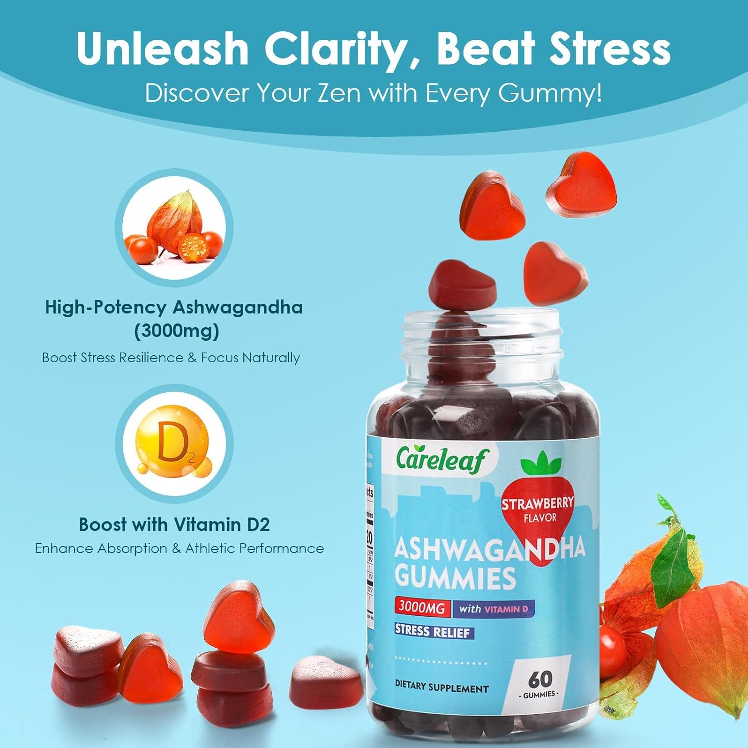 High Potency Vegan Ashwagandha Gummies with Vitamin D2 - Strawberry Flavor - 60 Count Bottle