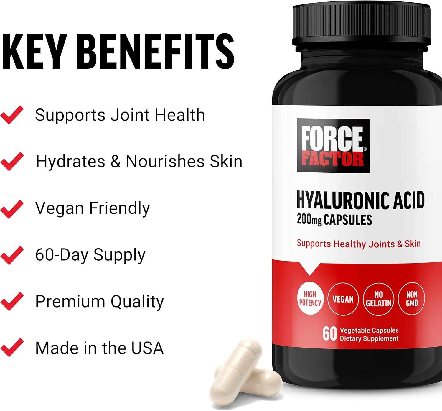 High Potency Vegan Hyaluronic Acid Supplements for Joint Health and Skin Hydration - 60 Capsules