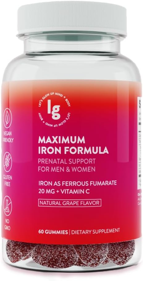 High Potency Vegan Iron Gummies with Vitamin C for Adults - Natural Grape Flavor - 20mg Iron - Chewable Iron Supplement