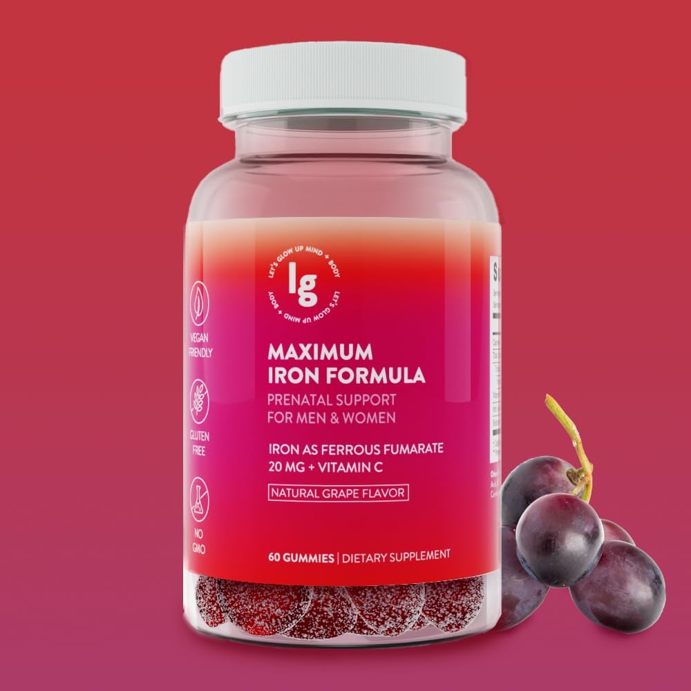 High Potency Vegan Iron Gummies with Vitamin C for Adults - Natural Grape Flavor - 20mg Iron - Chewable Iron Supplement