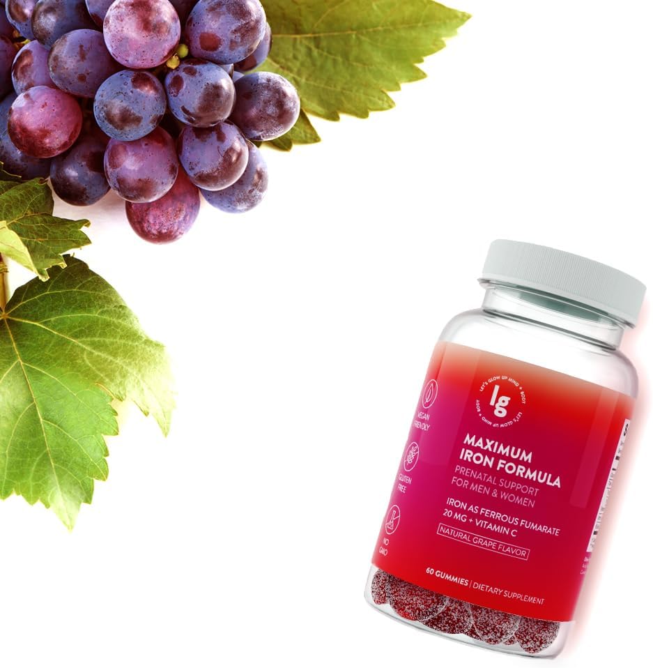 High Potency Vegan Iron Gummies with Vitamin C for Adults - Natural Grape Flavor - 20mg Iron - Chewable Iron Supplement