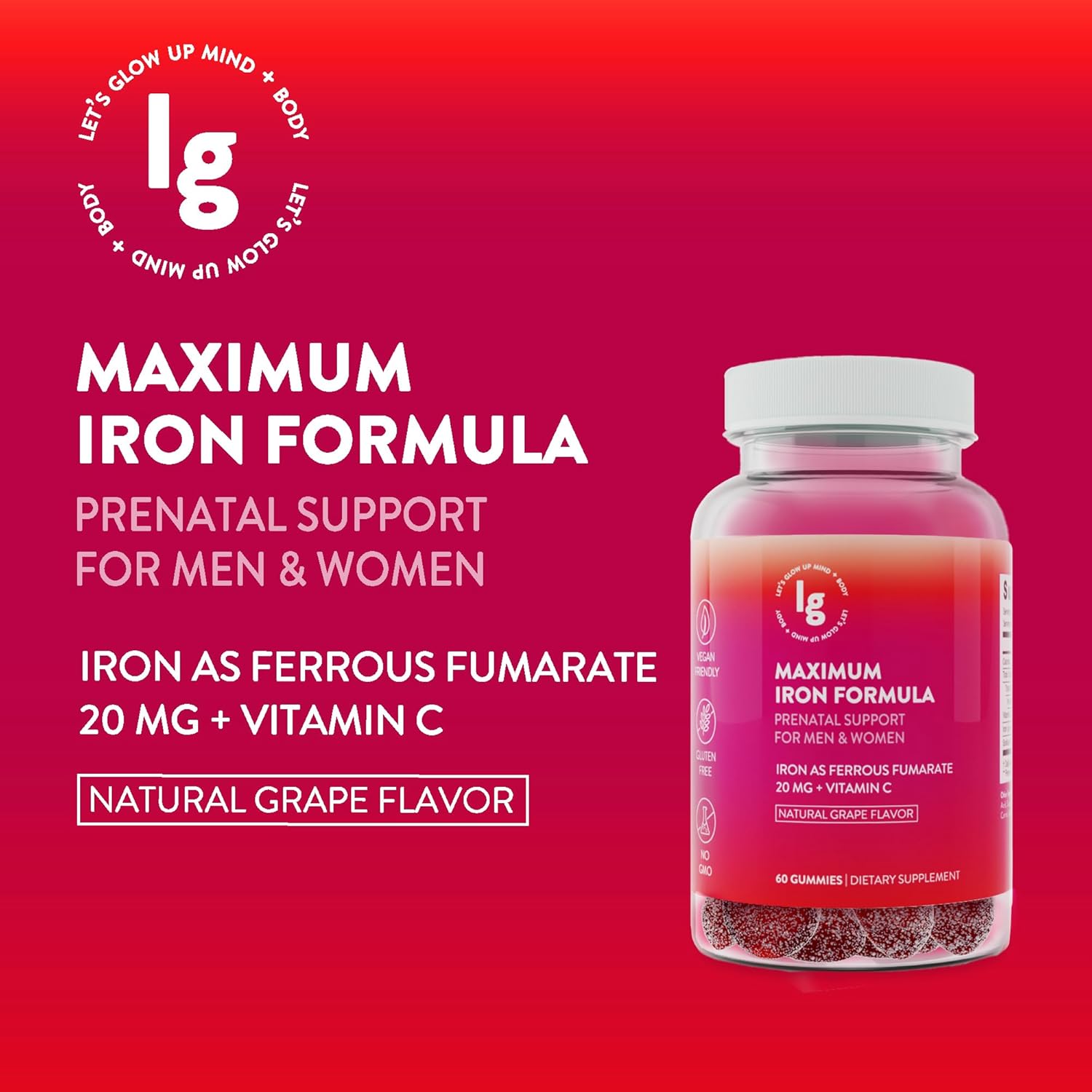 High Potency Vegan Iron Gummies with Vitamin C for Adults - Natural Grape Flavor - 20mg Iron - Chewable Iron Supplement