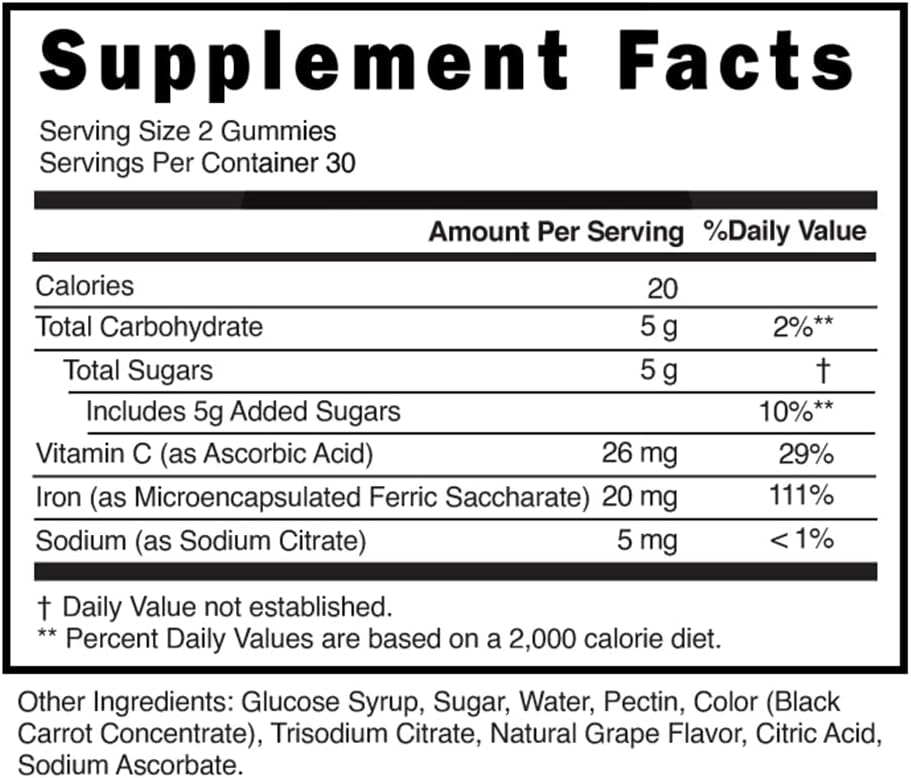 High Potency Vegan Iron Gummies with Vitamin C for Adults - Natural Grape Flavor - 20mg Iron - Chewable Iron Supplement