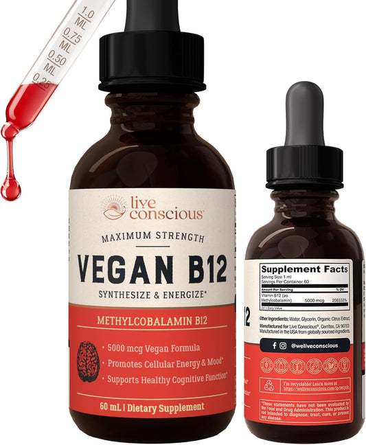 High-Potency Vegan Vitamin B12 Liquid Drops - 5000mcg Methylcobalamin Formula for Energy, Memory, Immune Support - 60 Servings